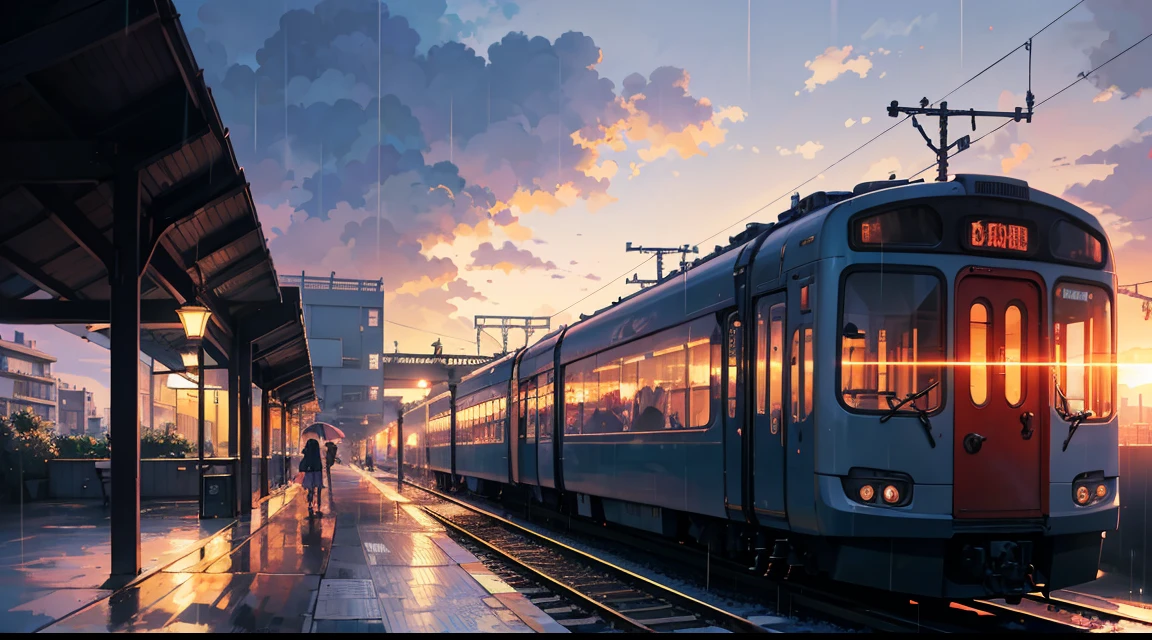 anime train scene, Passing under the pink-purple sky, an anime drawing by Makoto Shinkai, Pixiv Trends, magical realism, beautiful anime scene. makoto sinkai, ( ( makoto sinkai ), makoto sinkai, Anime Background Art, style of makoto shinkai, Lots of rain、High school girl alone at the station