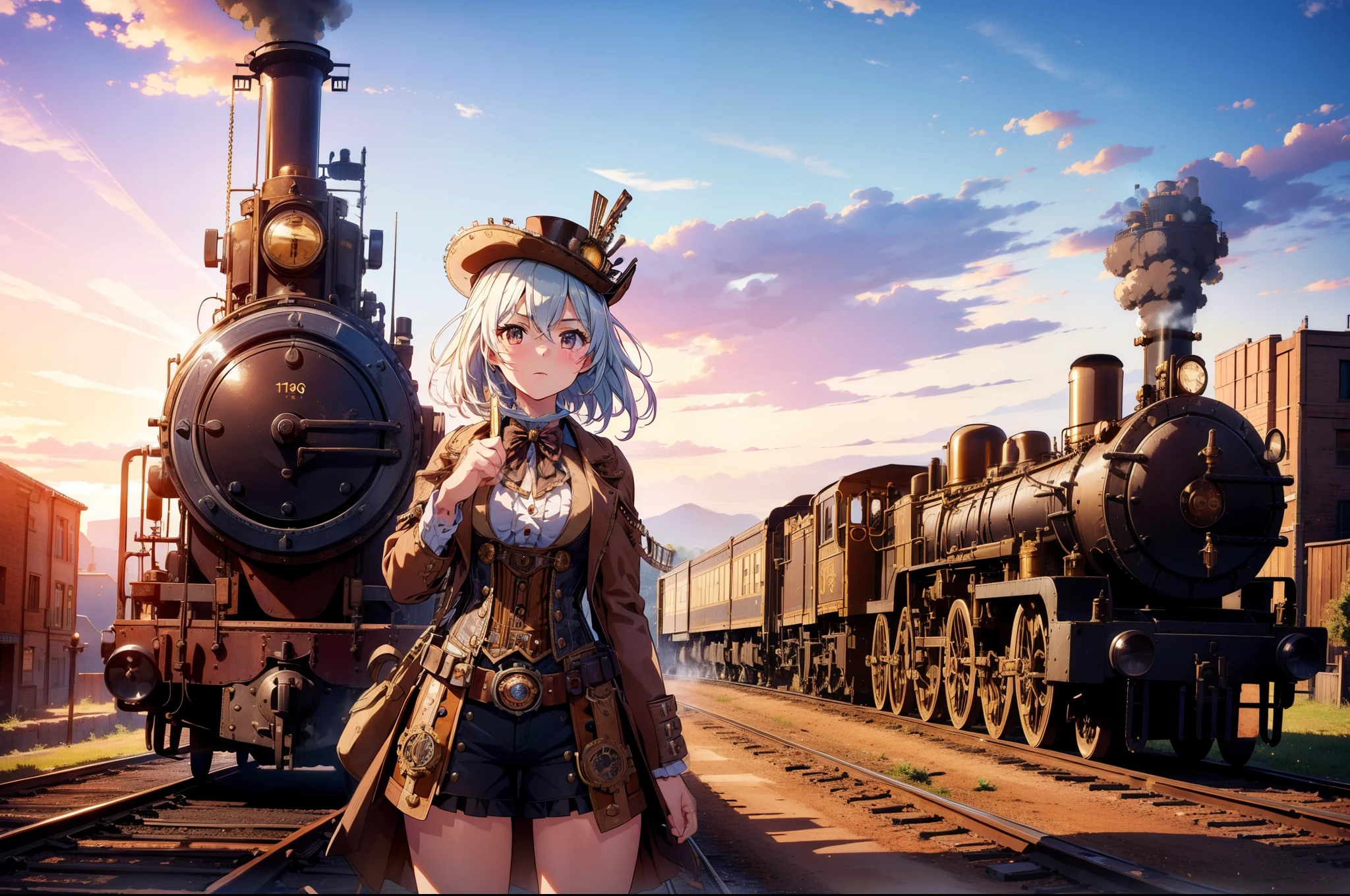 1 cute girl , standing, steam Locomotive, (cowboy shot) , close to viewer, (character focus), ((steampunk )), high resolution,(incredibly absurdres) ,extremely detailed CG unity 8k wallpaper, ((masterpiece)), ((top-quality)), (beautiful illustration), ((an extremely delicate and beautiful))