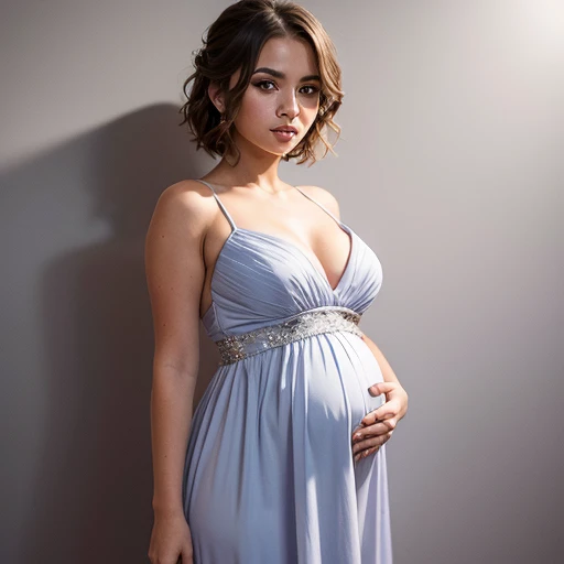 1 girl, bridesmaid dress, short hair, wavy hair, pregnant, massive breasts,