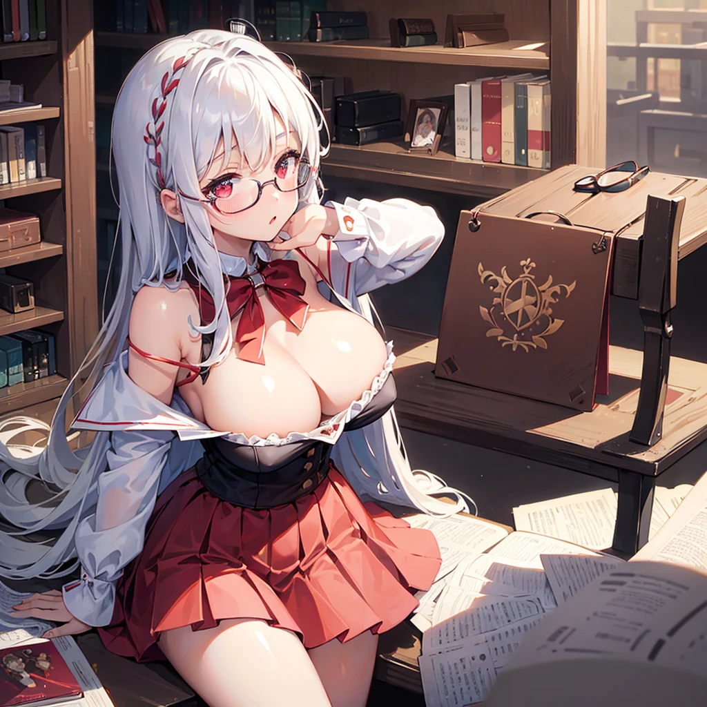((The best piece)),((masterpiece)), (ultra-detailliert), (illustratio), (detaileds), (very cute and beautiful), girl with, cute face, a miniskirt, Red eyes, Silvery hair,Off-the-shoulder clothing,frilld,Lori, big boobs,large full breasts,Fluttering chest,Clothes in black tones,Wearing glasses,Lily Kiss,lilie,the kiss,Chū,Girls to girls,teats,Big breasts,atlibrary,