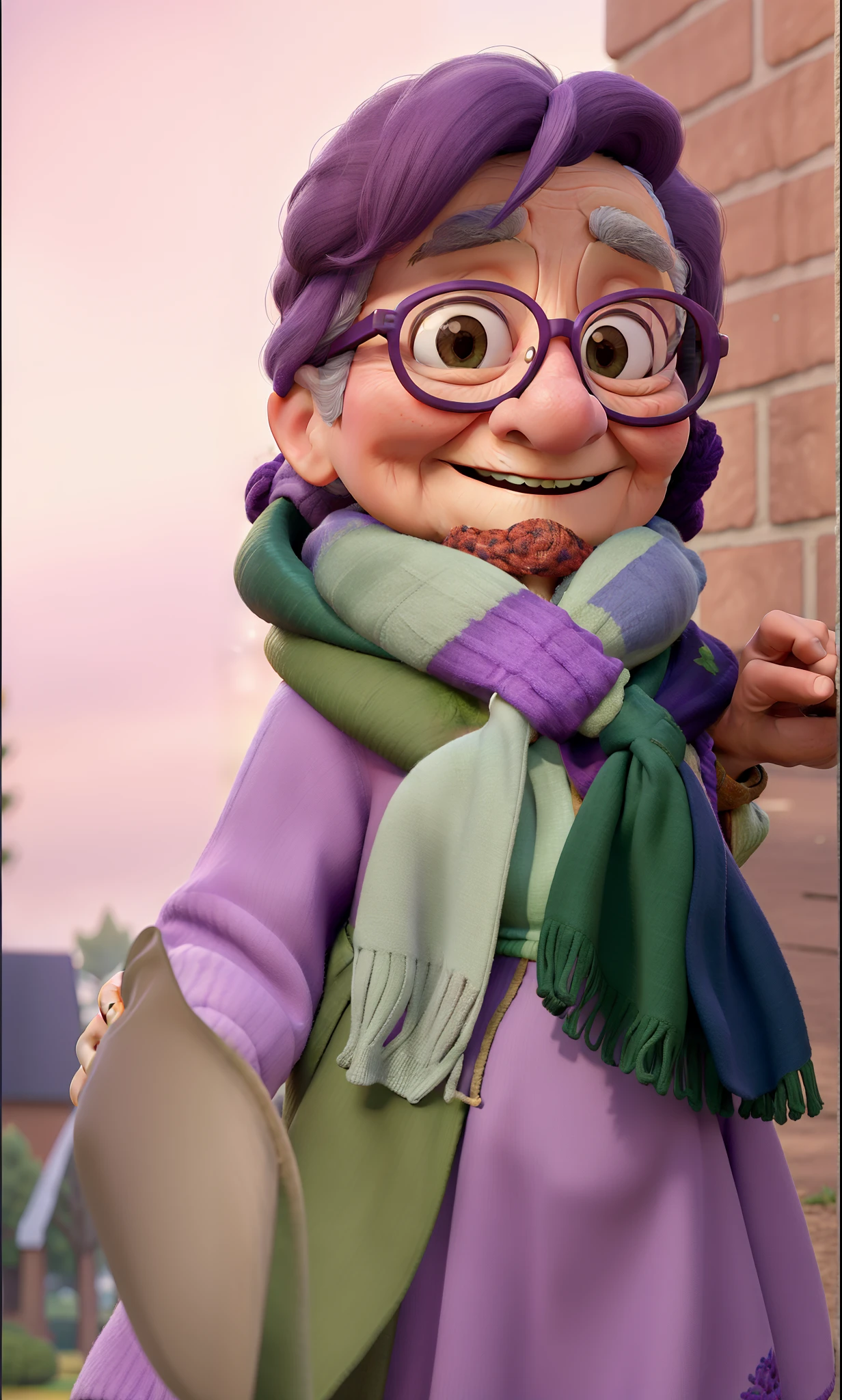masterpiece, best quality, an old woman with glasses and a scarf on, wearing a purple coat and green scarf, standing at the park