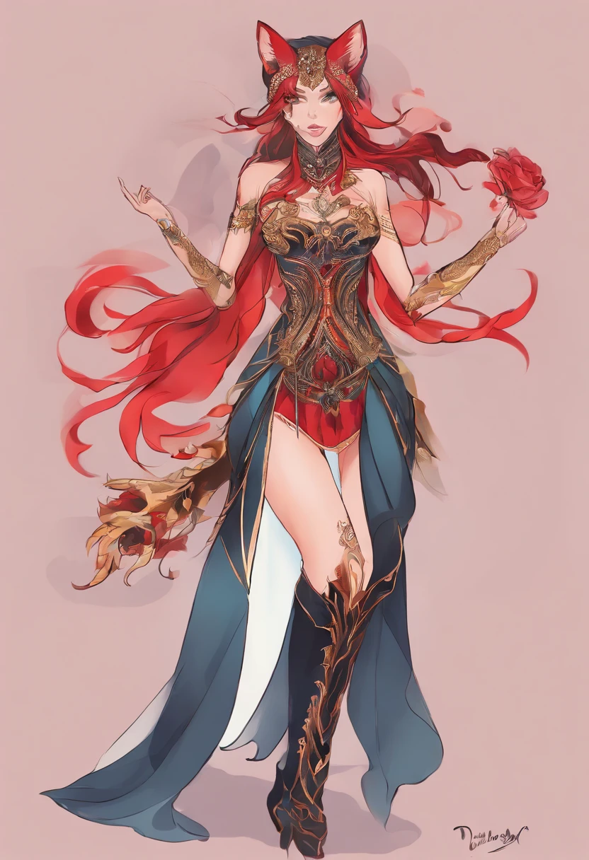 ((Game skin design concept map)),(girl fox),(Graceful posture),(Sexy figure:1.1),(Wearing a red gold and black horse-faced skirt),Lightweight fabric,Surrounded by floating bluish-gray demonic fire,Feminine expression