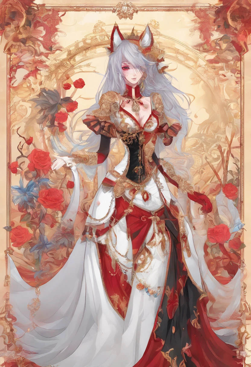 （（Game skin design concept map）），（girl fox），（Graceful posture），（Sexy figure:1.1）,（Wearing a red gold and black horse-faced skirt），Lightweight fabric，Surrounded by floating bluish-gray demonic fire，Feminine expression