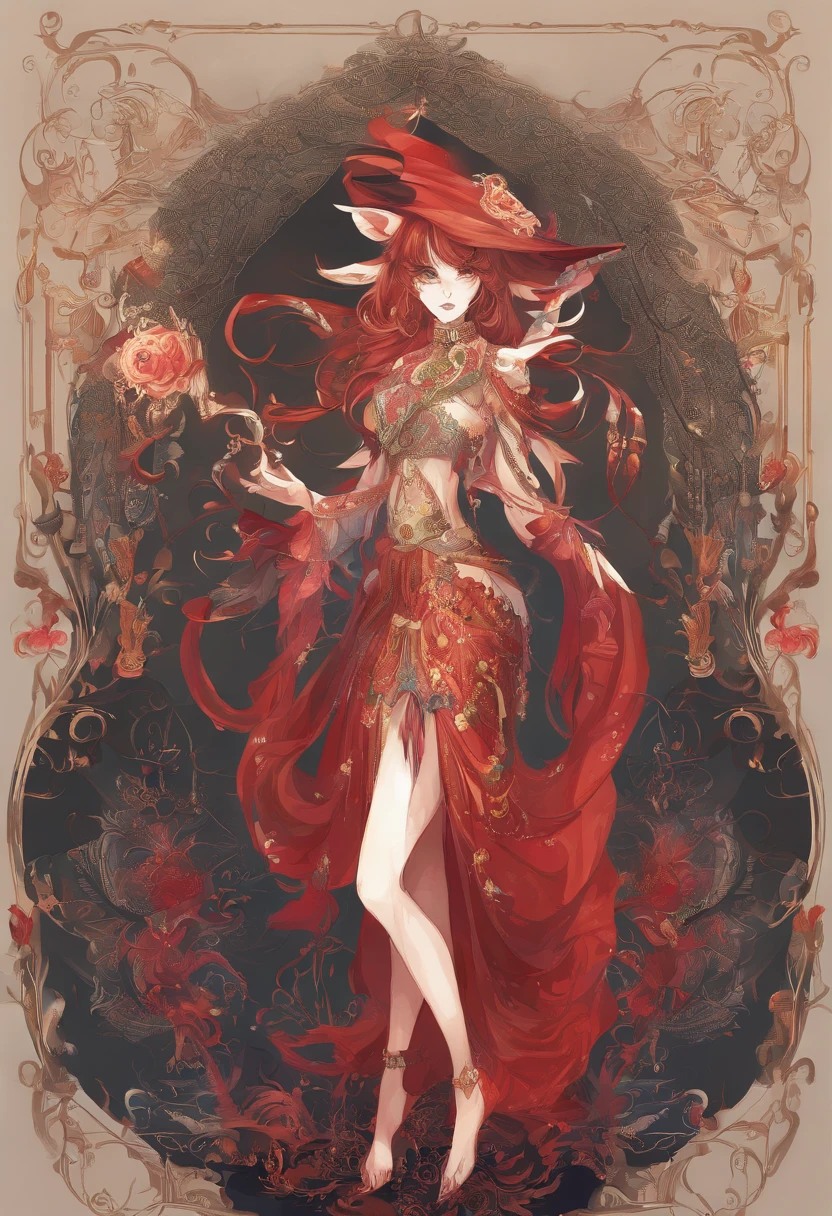 （（Game skin design concept map）），（girl fox），（Graceful posture），（Sexy figure:1.1）,（Wearing a red gold and black horse-faced skirt），Lightweight fabric，Surrounded by floating bluish-gray demonic fire，Feminine expression