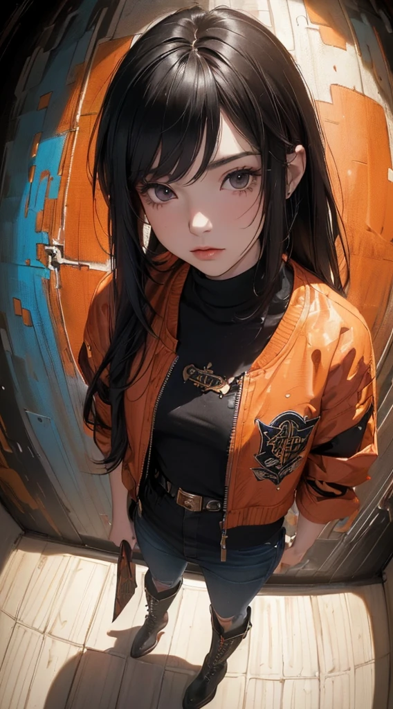 (((8k wallpaper of extremely detailed CG unit:1.2, ​masterpiece, hight resolution:1.2, top-quality:1.2, masutepiece))), ((a very beautiful woman, Hands in pockets:1.8, Grunge Fashion, Wearing a blouson, Wearing boots)), ((extra detailed face, Highly detailed black eyes, extra detailed body, Top quality real texture skins)), (A dark-haired, length hair, de pele branca, Small:1.2), ((surrounded by colorful walls)), (high-angle:1.2, a closeup, Fisheye:1.3), hyper realisitic, digitial painting,