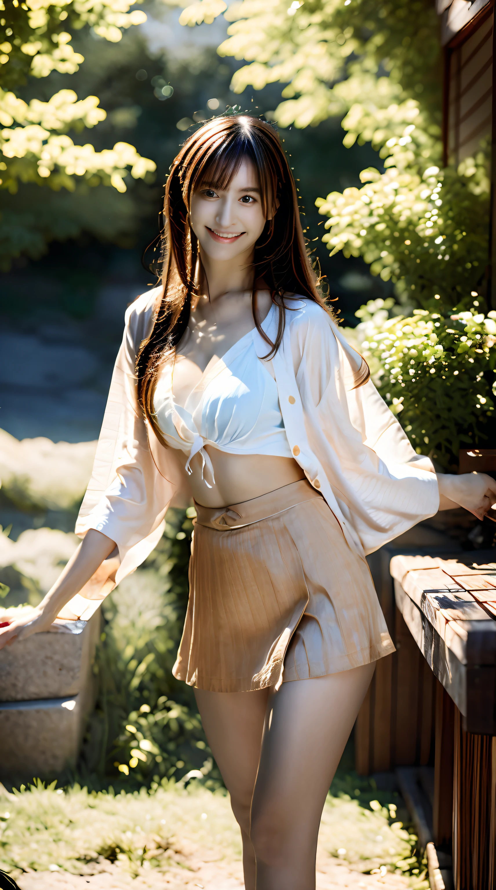 (Best Quality, masutepiece, Ultra HD: 1.3, High brightness, High color saturation), 1girl in, (middlebreasts), light brown hair, Asymmetrical hair, straight haired, Long hair, ( slender body shape, Constricted waist), (Ultra Fine Face), Delicate lips, (beautidful eyes), thin blush, eyes are brown, perfect glossy skin, View here, Smiling smile, ( hide one's hands), (Sitting on a bench), (thin and long legs, Thighs and toes:1.5), See-through white blouse, Tight skirt, (White pumps), (a japanese girl, hposing Gravure Idol), Broad-leaved forest, 135 mm, Fuji Film