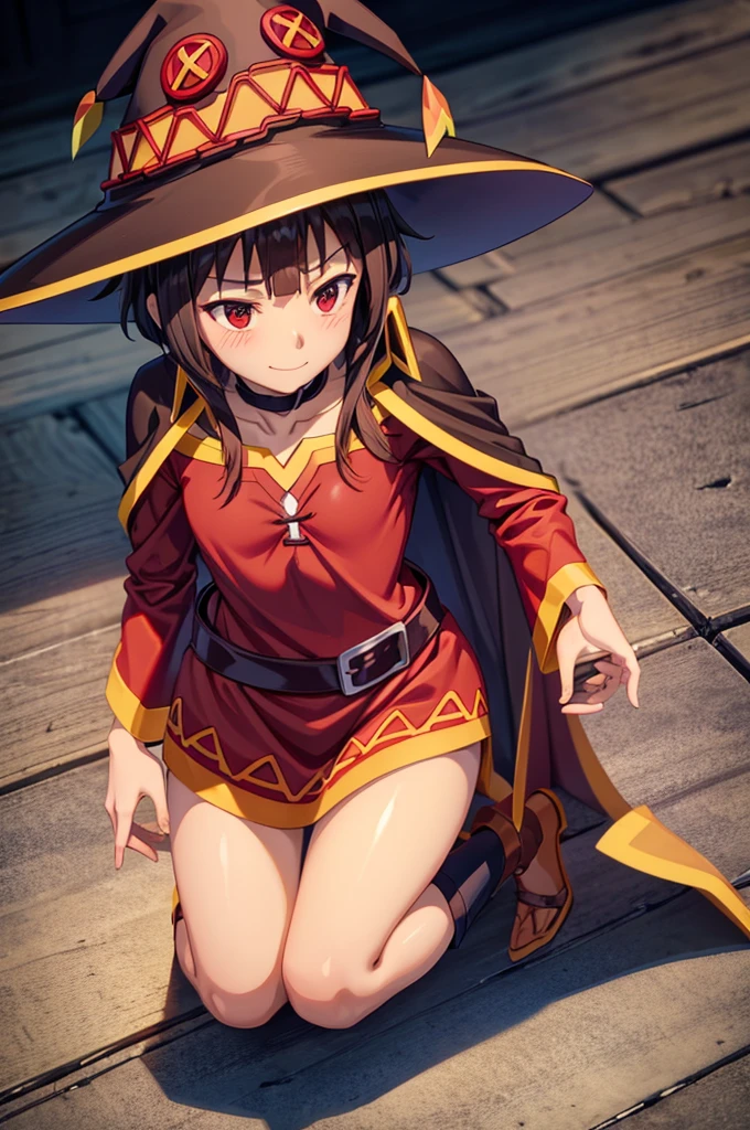 Perfect female shape, (1womanl), (Megumin), (Short-cut hair), Brown hair, Red eyes, (witch's hat:1.2), small chest, red robes, Blushing cheeks, cute smile face, ((Kneeling:1.5)), central image, High resolution, high detailing, Naturally beautiful, Professional Lighting, (glistning skin:0.9), High quality, Highly detailed facial and skin texture, The depth of field is shallow,