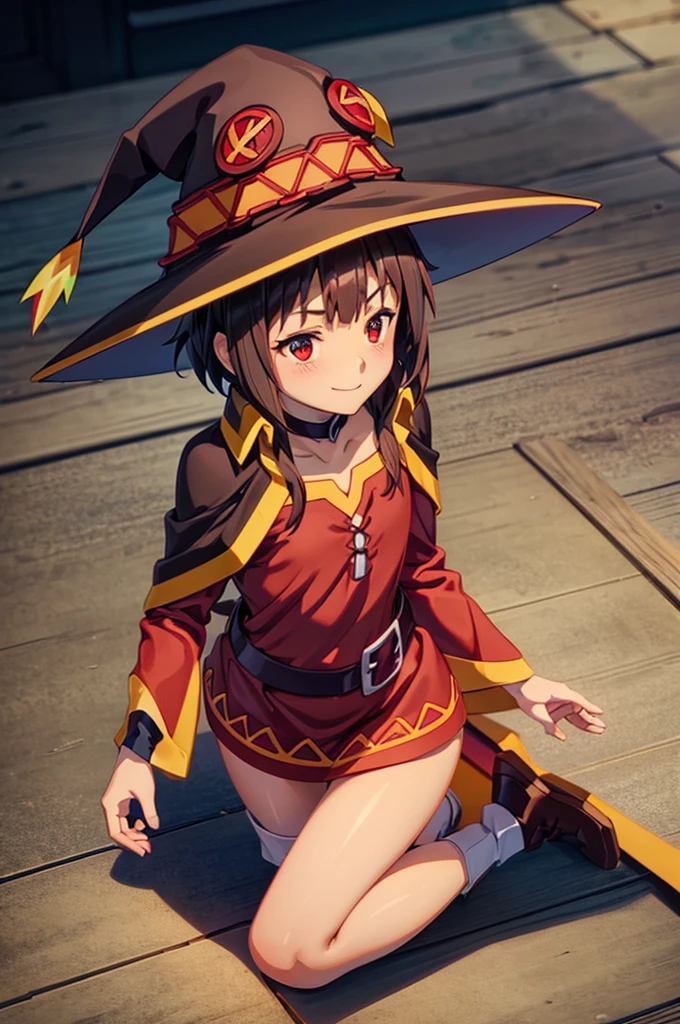 Perfect female shape, (1womanl), (Megumin), (Short-cut hair), Brown hair, Red eyes, (witch's hat:1.2), small chest, red robes, Blushing cheeks, cute smile face, ((Kneeling:1.5)), central image, High resolution, high detailing, Naturally beautiful, Professional Lighting, (glistning skin:0.9), High quality, Highly detailed facial and skin texture, The depth of field is shallow,