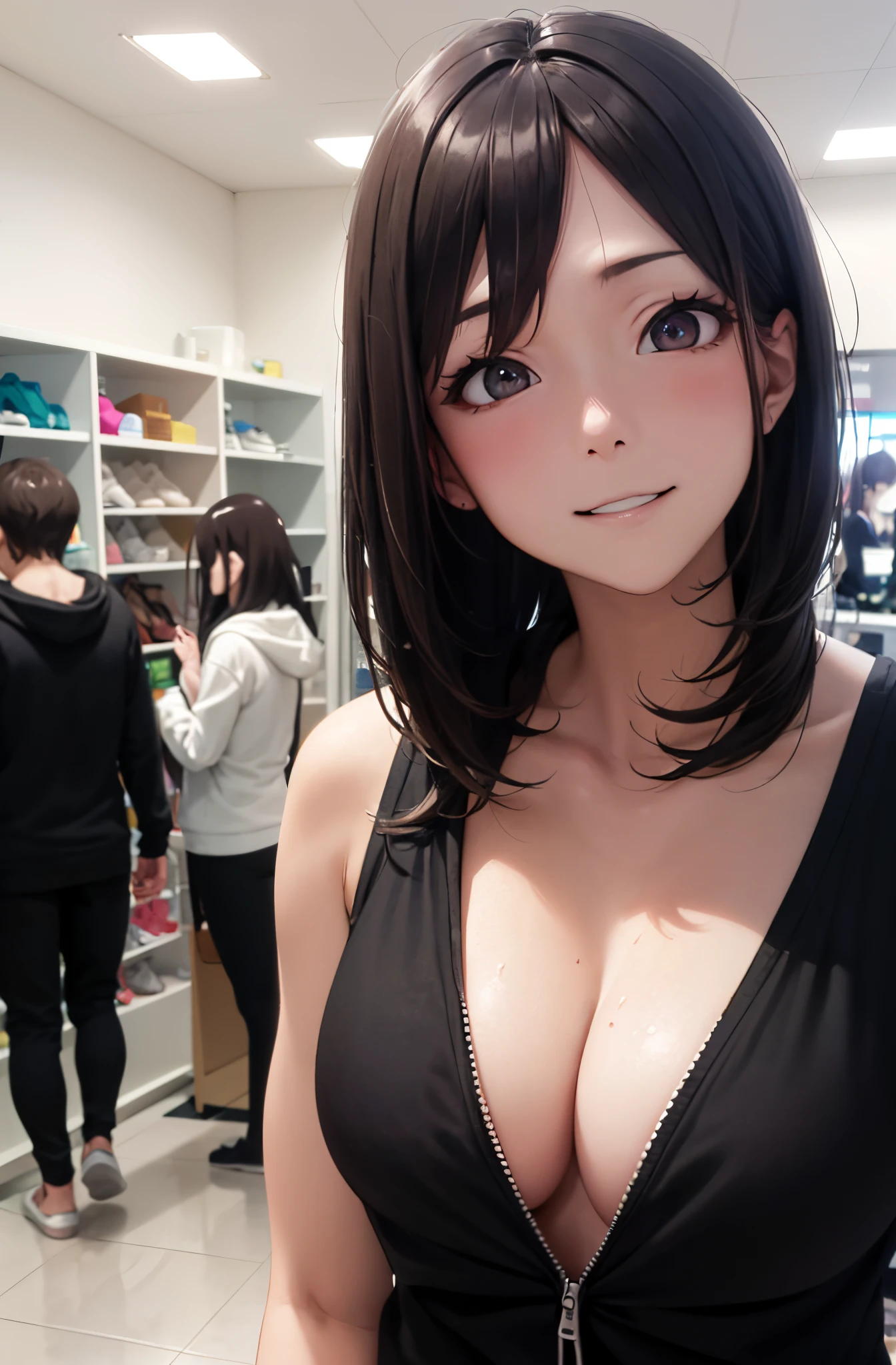 (masutepiece:1.5)、(top-quality:1.5)、(16k wallpaper:1.2)、(Photorealsitic:1.2)、(ultra-detailliert:1.2)、(超A high resolution:1.2)、super-detaild skin、Detailed and clean eyes、Inside the changing room、Natural Color Lip、Semi-long bob hair、large full breasts、Full body like、Cute smile、Changing clothes、White Zip Up Hoodie、Black swimsuit for lace、(Crowd of men)、Full body like、kawaii pose