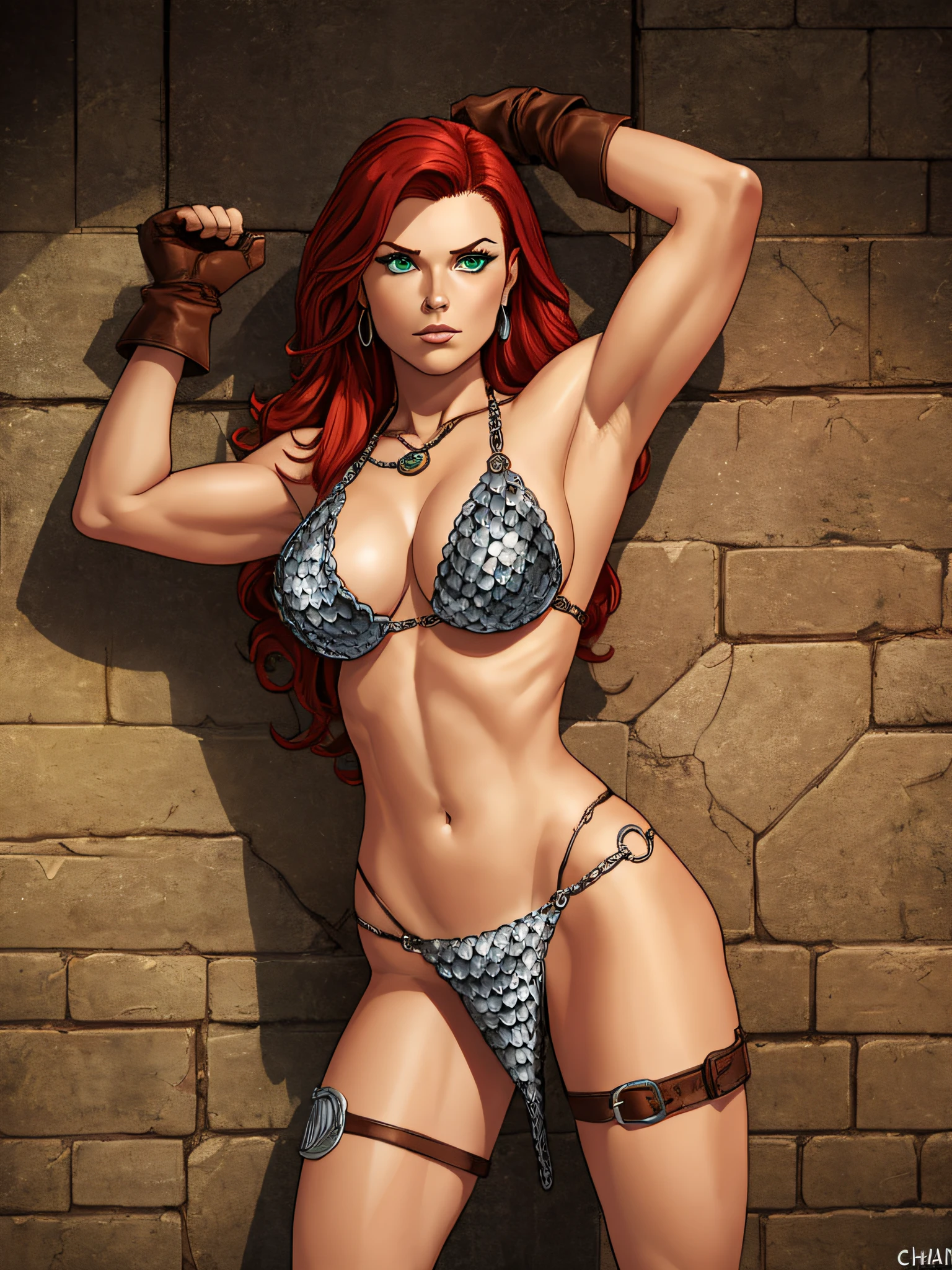 long red hair, thigh strap, armor, chainmail, armored bikini, brown gloves, red sonja, green eyes, showing armpits, raised arms, arms up, arms behind head, posing, solo, masterpiece, shaved armpits, chainmail bikini, groin, silver armbands, perfect proportions