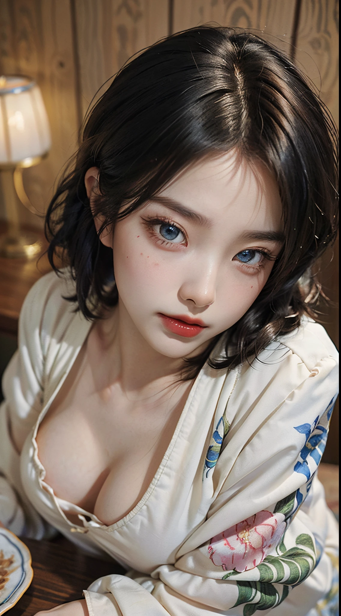 (Hanfu),(Floral:1.3),(longer sleeves),1 girl,full bodyesbian,(short detailed hair:1.1), (actual:1.7),((Best quality at best)),absurd res,(超高分辨率),(realisticlying:1.6),realisticlying,octaneratingrendering,(Hyper-realistic:1.2), (photorealiscic face:1.2), (8K), (4K), (tmasterpiece),(realistic skin textures), (illustratio, 电影灯光,the wallpaper),( pretty eyes:1.2),((((s the perfect face)))),(cute big breasts),(Permanent),(brunette color hair),黑The eye,Redlip, Indoors, Lie flat on the bed, chinese ornaments, wooden chinese table, ((Satellite view, Bird's eye view))