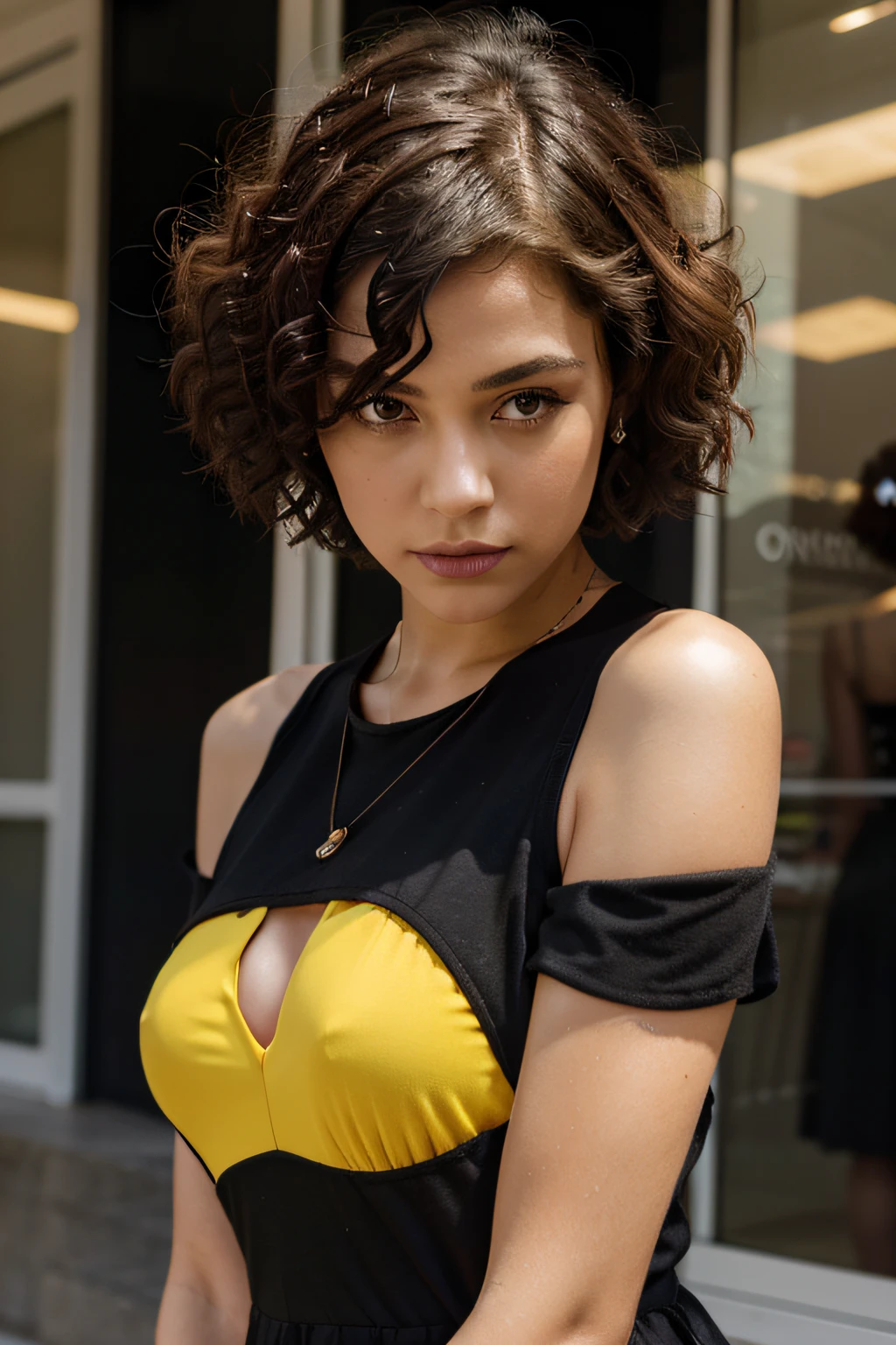 highlighting short curly hair model wearing black dress with different red, purple, yellow