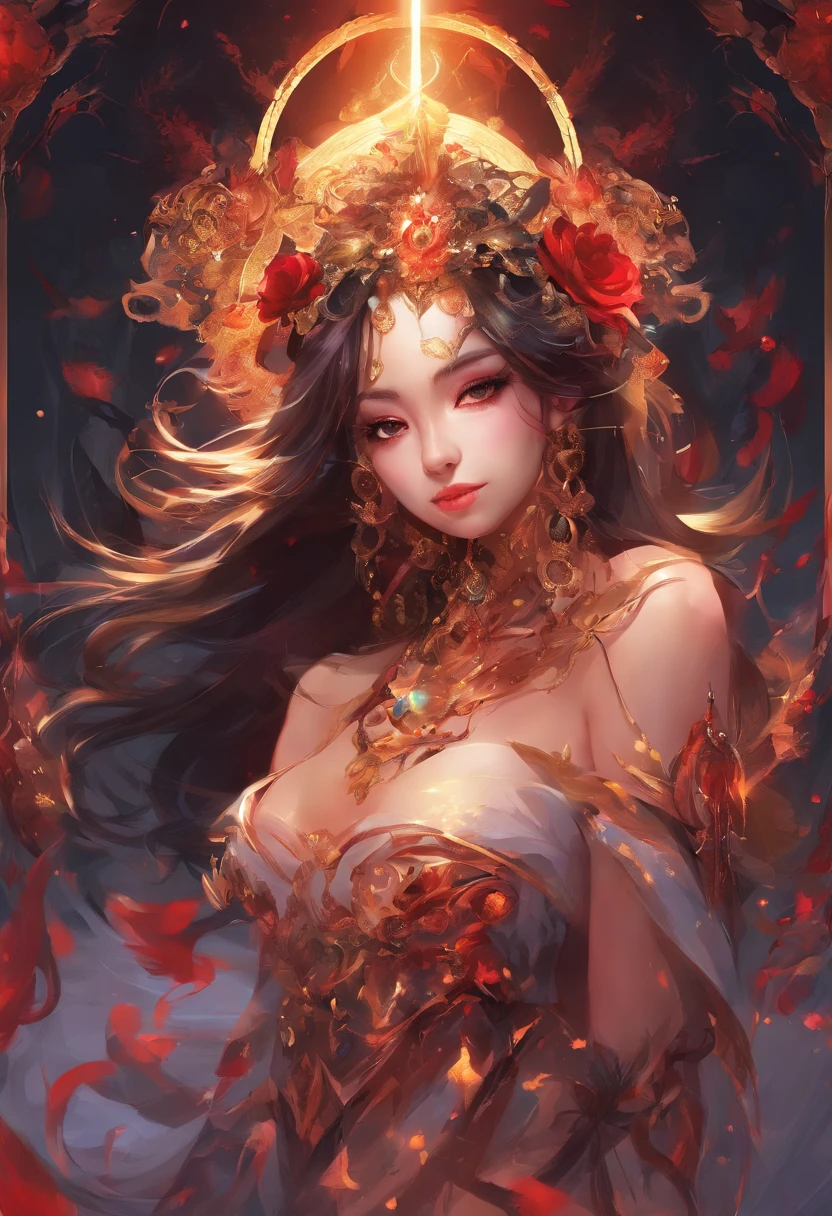 ((The characters are from League of Legends,Ali)),((Game skin design concept map)),(girl fox),(Graceful posture),(Sexy figure:1.1),(Wearing a red gold and black horse-faced skirt),Lightweight fabric,Surrounded by floating bluish-gray demonic fire,Feminine expression