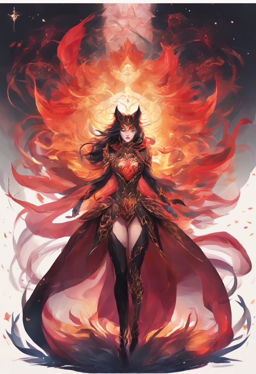 ((The characters are from League of Legends,Ali)),((Game skin design concept map)),(girl fox),(Graceful posture),(Sexy figure:1.1),(Wearing a red gold and black horse-faced skirt),Lightweight fabric,Surrounded by floating bluish-gray demonic fire,Feminine expression