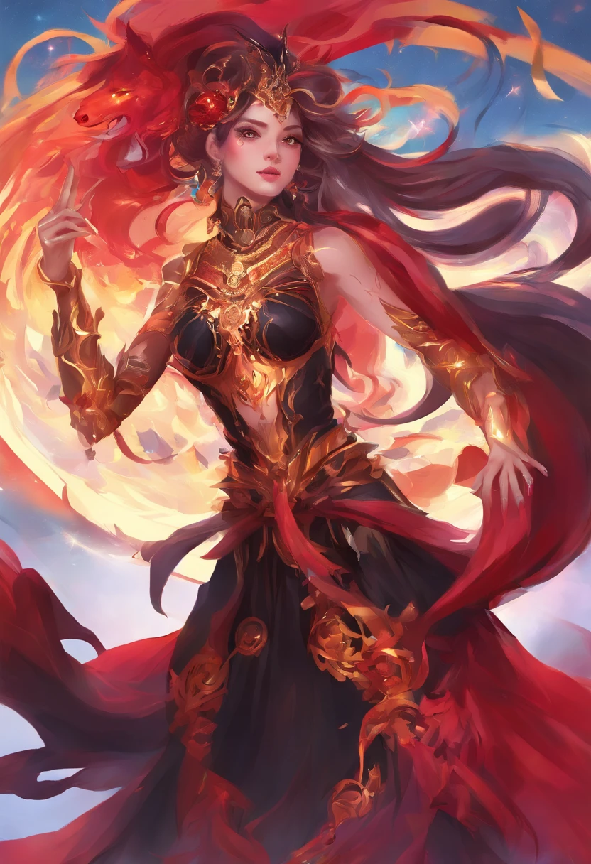 （（The characters are from League of Legends，Ali）），（（Game skin design concept map）），（girl fox），（Graceful posture），（Sexy figure:1.1）,（Wearing a red gold and black horse-faced skirt），Lightweight fabric，Surrounded by floating bluish-gray demonic fire，Feminine expression