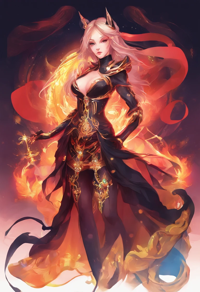 （（The characters are from League of Legends，Ali）），（（Game skin design concept map）），（girl fox），（Graceful posture），（Sexy figure:1.1）,（Wearing a red gold and black horse-faced skirt），Lightweight fabric，Surrounded by floating bluish-gray demonic fire，Feminine expression