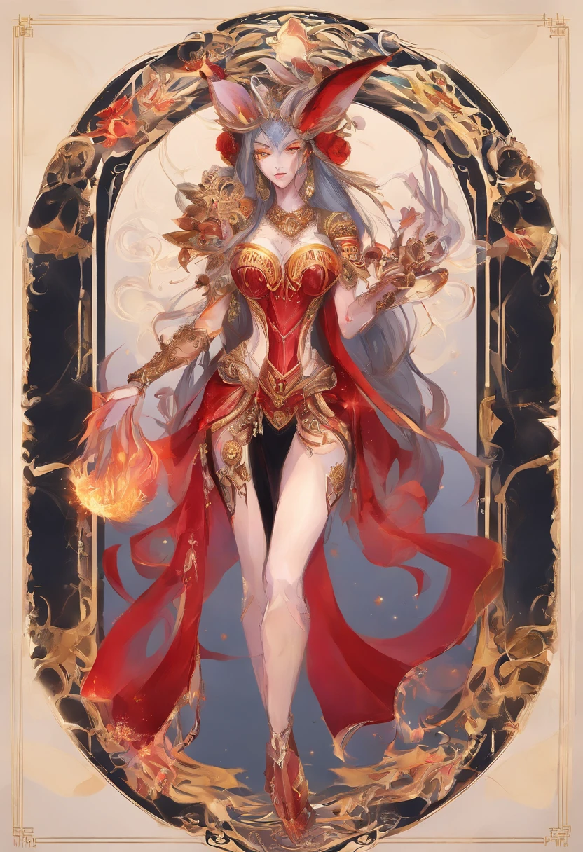 （（The characters are from League of Legends，Ali）），（（Game skin design concept map）），（girl fox），（Graceful posture），（Sexy figure:1.1）,（Wearing a red gold and black horse-faced skirt），Lightweight fabric，Surrounded by floating bluish-gray demonic fire，Feminine expression