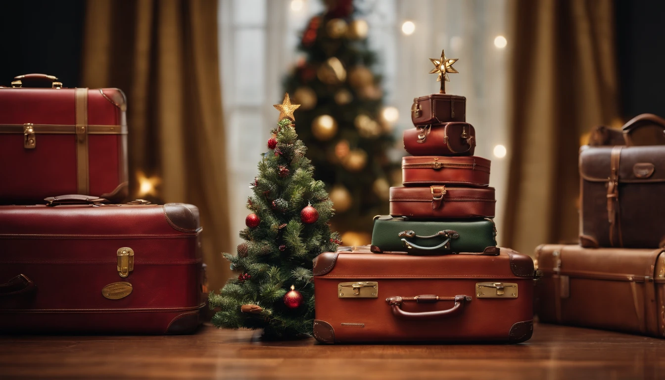 A high-resolution image of a conceptual Christmas tree made of stacked suitcases, with vintage travel cases creatively arranged to form the shape of a tree, adorned with travel-themed ornaments and luggage tags, creating a wanderlust-inspired and visually striking holiday centerpiece