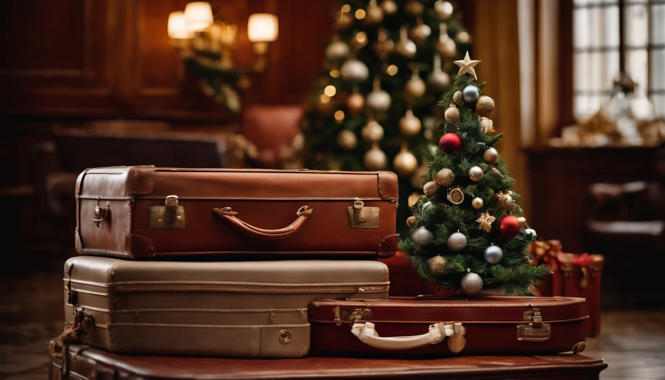 A high-resolution image of a conceptual Christmas tree made of stacked suitcases, with vintage travel cases creatively arranged to form the shape of a tree, adorned with travel-themed ornaments and luggage tags, creating a wanderlust-inspired and visually striking holiday centerpiece