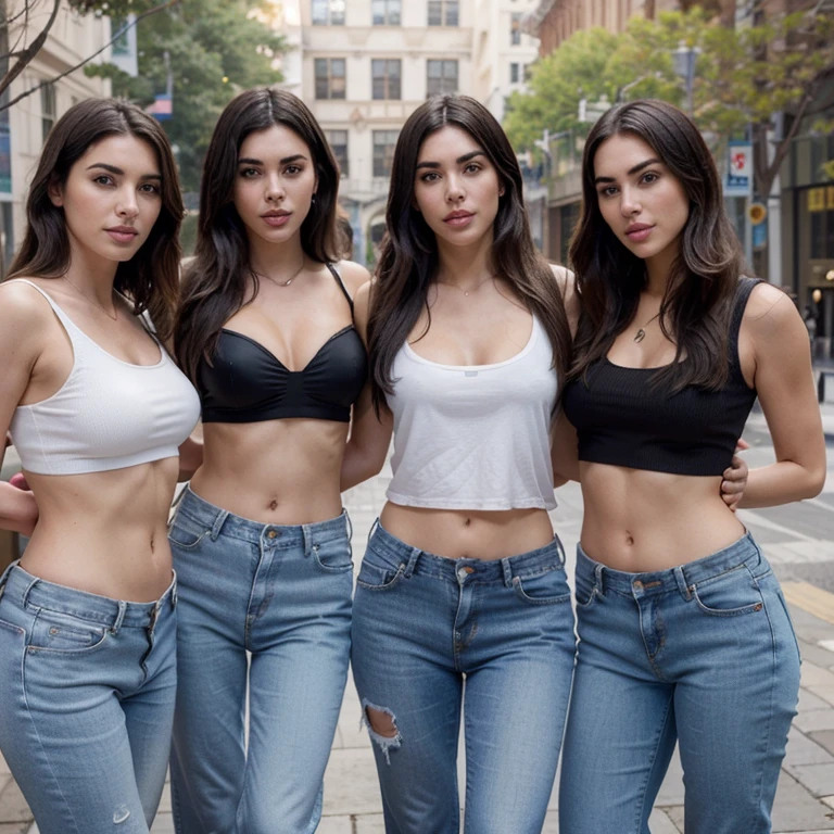 Foto real 4k de 4 mujeres: la primera es charlize theron, la segunda es megan fox, la tercera es dua lipa y la cuarta es rubby, todas super sexys, con jeans y con botines y blusa blanca transparente, sonriente y posando muy bellas y hermosas en la universidad de new york