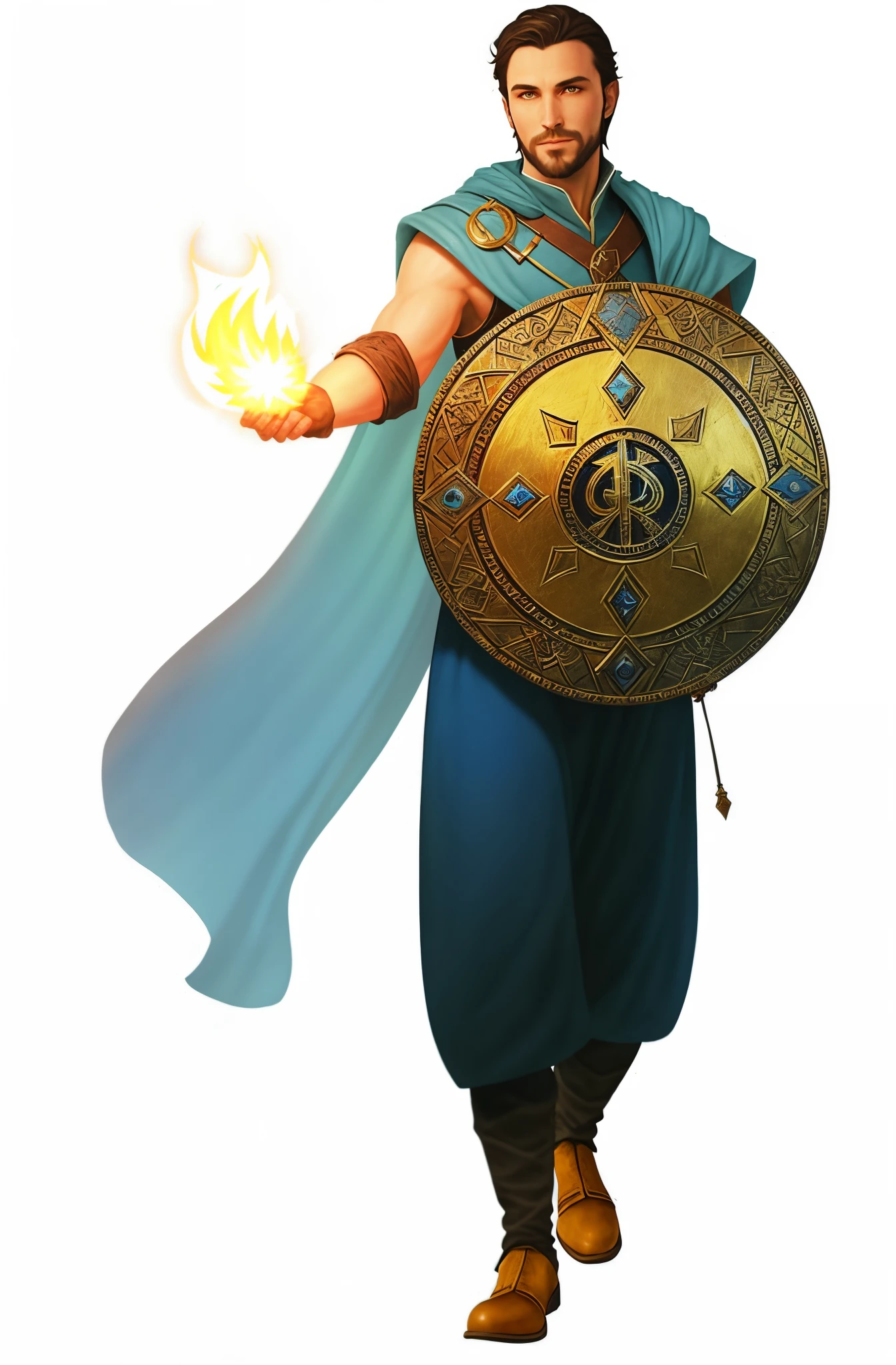 peace cleric man dressed in a blue outfit holding a shield leather boots, by Juan O'Gorman, burning hand, magic spell glowing hand, d&d dark sun character art, male cleric, snow white as a d & d fighter, dungeons and dragons character, as a d&d sorcerer, as a d&d paladin,