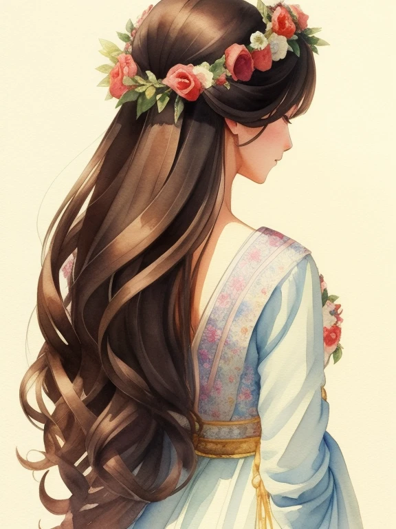 Watercolor painting of a long-haired woman in a princess dress with a wreath、doress、Female back view、photographed from the back