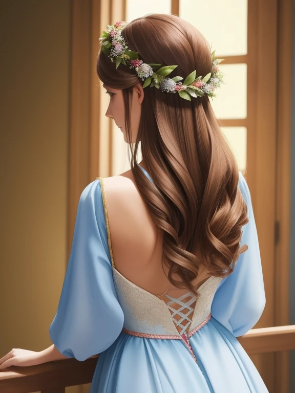 Watercolor painting of a long-haired woman in a princess dress with a wreath、doress、Female back view、photographed from the back