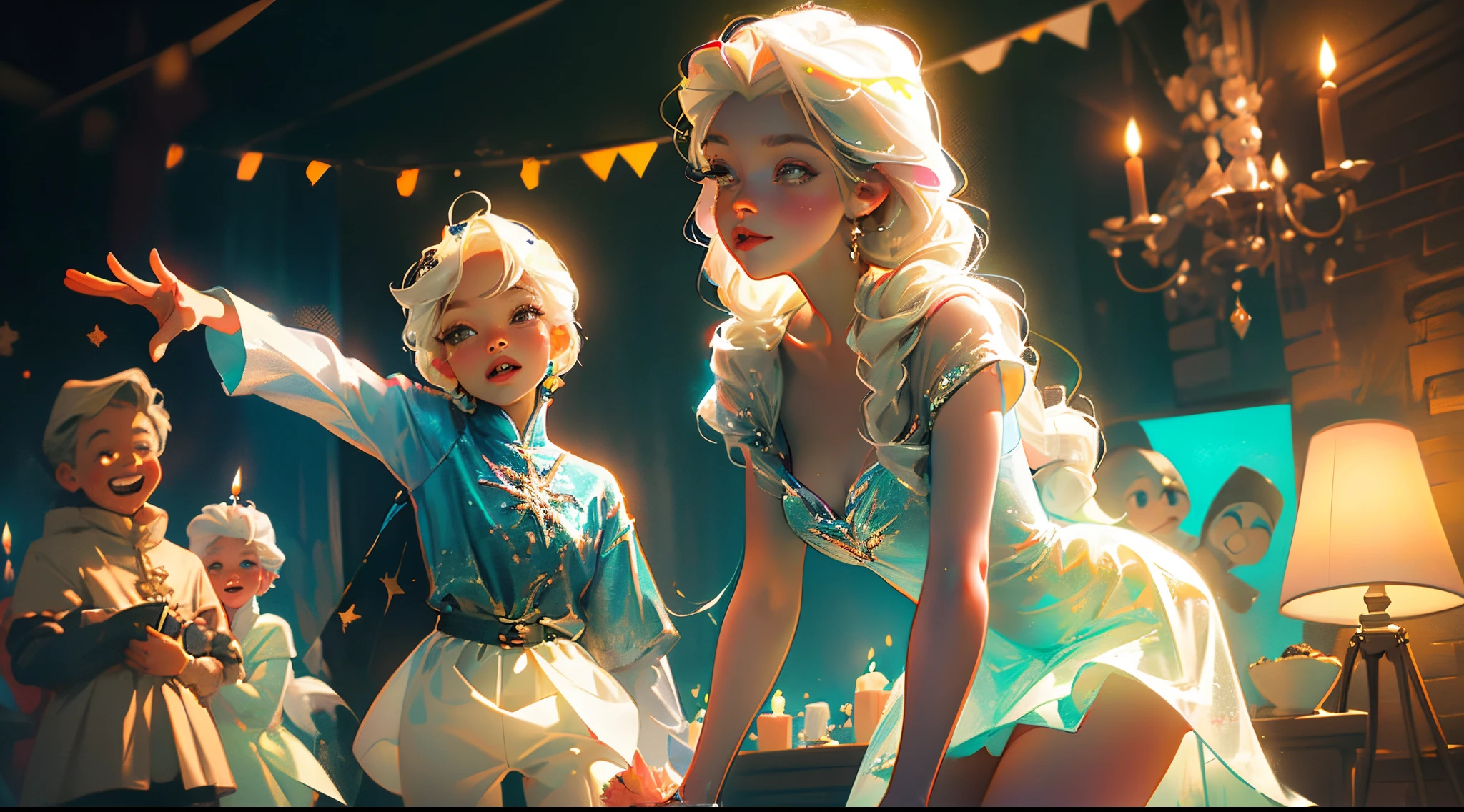 (best quality, masterpiece), A large happy children's birthday party scene with 4-6 children, cake, candles and Elsa from Disney's Frozen standing in the background, celebration style, detailed depiction of the facial structure of the characters, bright overall colors, candles on the cake, by Charles M. Schulz , upskirt, nsfw