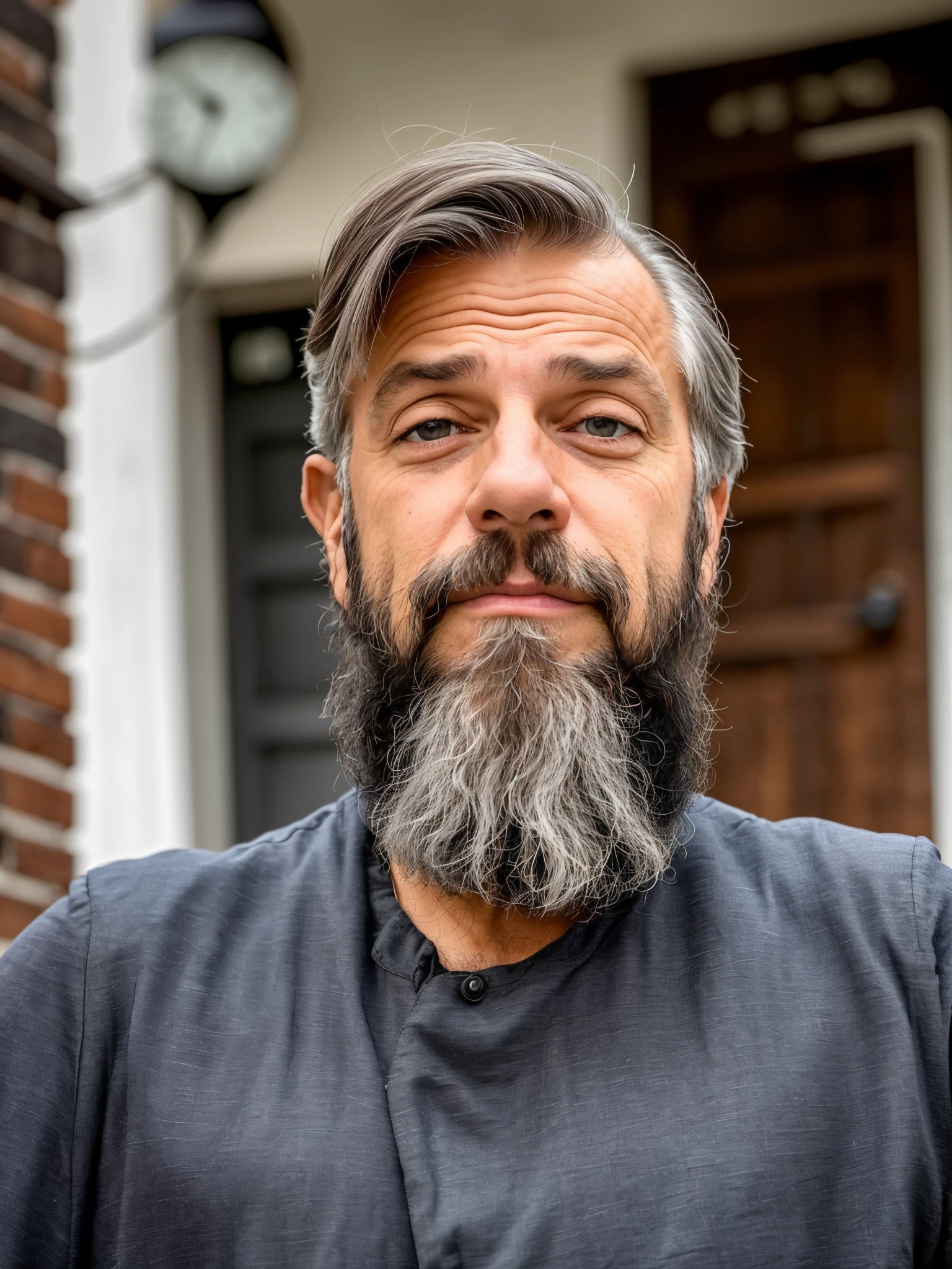 there is a man with a beard and a gray shirt, foto de um homem branco de 50 anos, com uma barba pequena, alguns cabelos grisalhos na barba, barba grisalha, Homem de 5 0 anos, barba cinzenta aparada, Homens de 45 anos, Homem de 4 0 anos, pequena barba cinza escura, barba grisalha, Gothic leather jacket, hair combed back, cortes estilosos