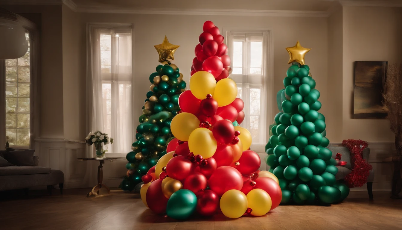 A visually stunning composition of a conceptual Christmas tree made of colorful balloons, with balloons of different sizes and hues inflated and arranged in tiers to resemble the shape of a tree, adorned with festive ribbons and balloon animal ornaments, creating a playful and festive holiday display.