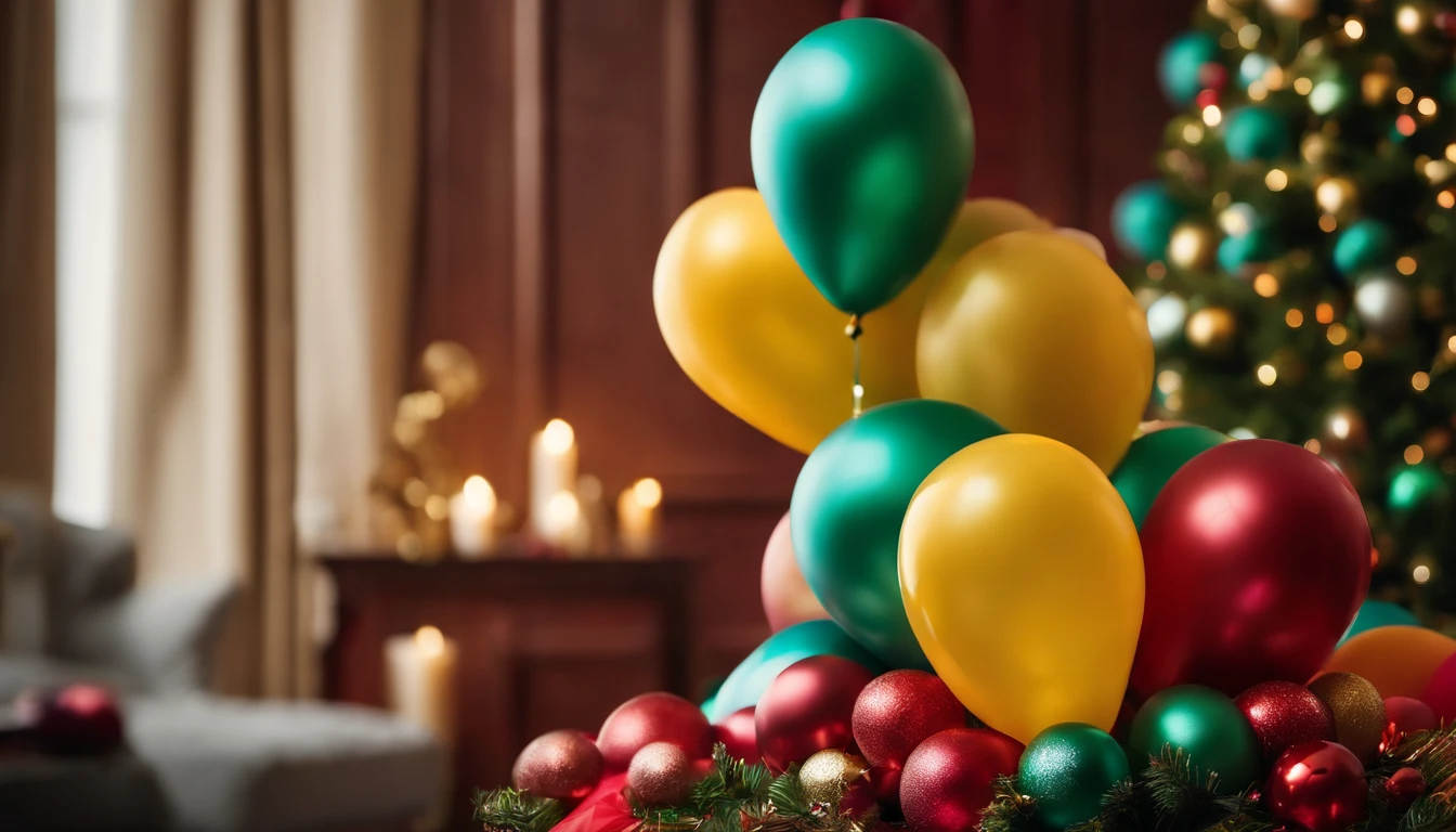 A visually stunning composition of a conceptual Christmas tree made of colorful balloons, with balloons of different sizes and hues inflated and arranged in tiers to resemble the shape of a tree, adorned with festive ribbons and balloon animal ornaments, creating a playful and festive holiday display.