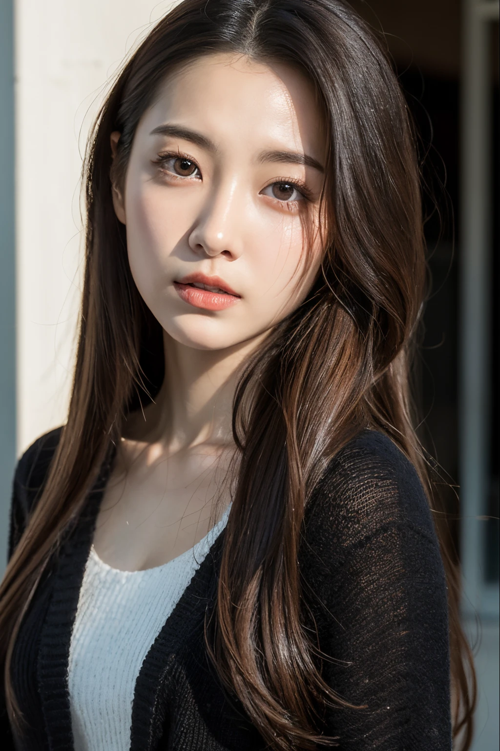 8K,long brown hair,25-years old,pure,Face like an egg,japanes,Big eyes,sexy lip,Live-action realistic style,The Ultimate Face,Photorealistic light and shadow,Clear facial features,milky skin,realistic skin details,Long sleeve knit,In front of the convenience store,Frightened