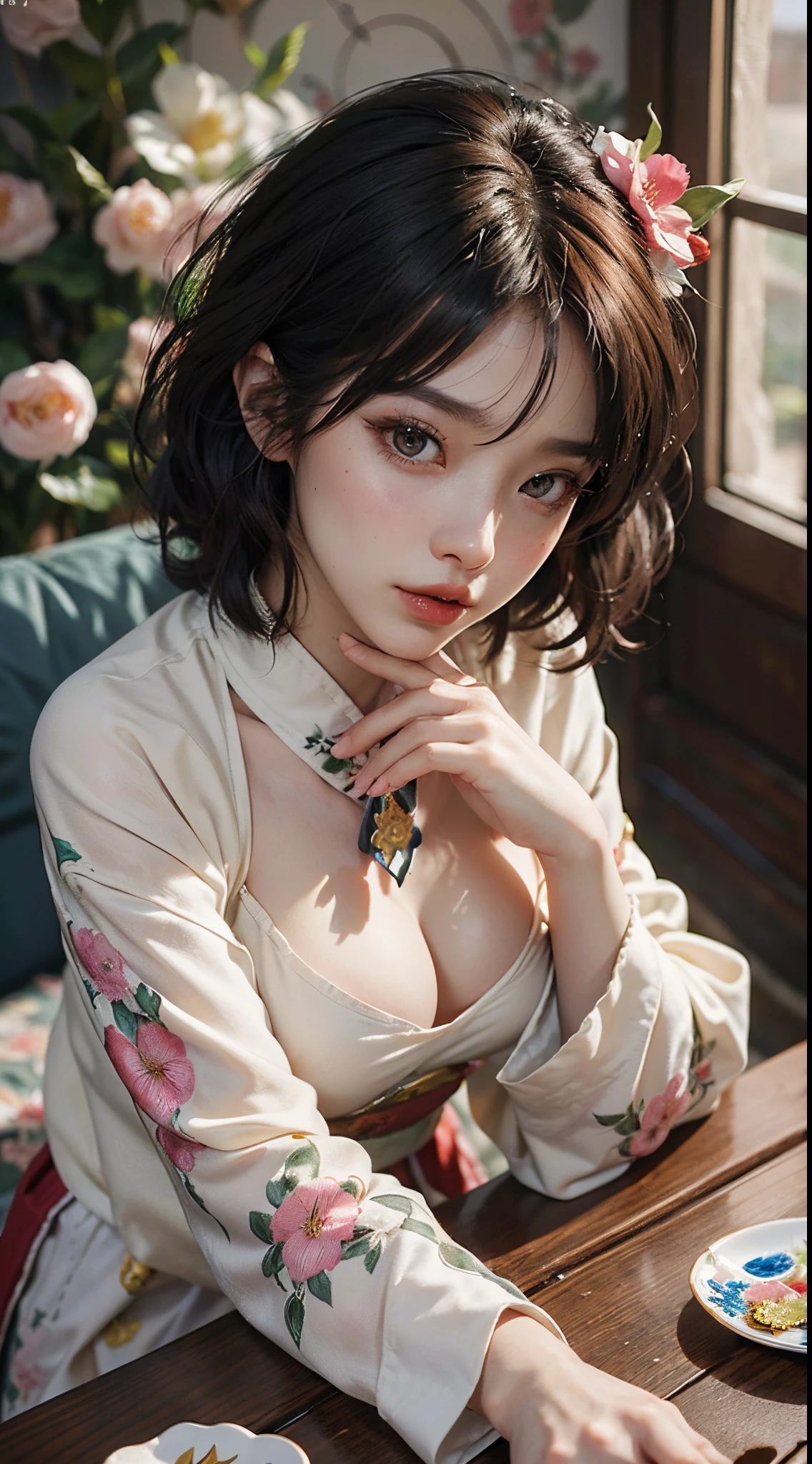 (Hanfu),(Floral:1.3),(longer sleeves),1 girl,full bodyesbian,(short detailed hair:1.1), (actual:1.7),((Best quality at best)),absurd res,(超高分辨率),(realisticlying:1.6),realisticlying,octaneratingrendering,(Hyper-realistic:1.2), (photorealiscic face:1.2), (8K), (4K), (tmasterpiece),(realistic skin textures), (illustratio, 电影灯光,the wallpaper),( pretty eyes:1.2),((((s the perfect face)))),(cute big breasts),(Permanent),(brunette color hair),黑The eye,Redlip, Indoors, Lie flat on the bed, chinese ornaments, wooden chinese table, ((Satellite view, Bird's eye view))