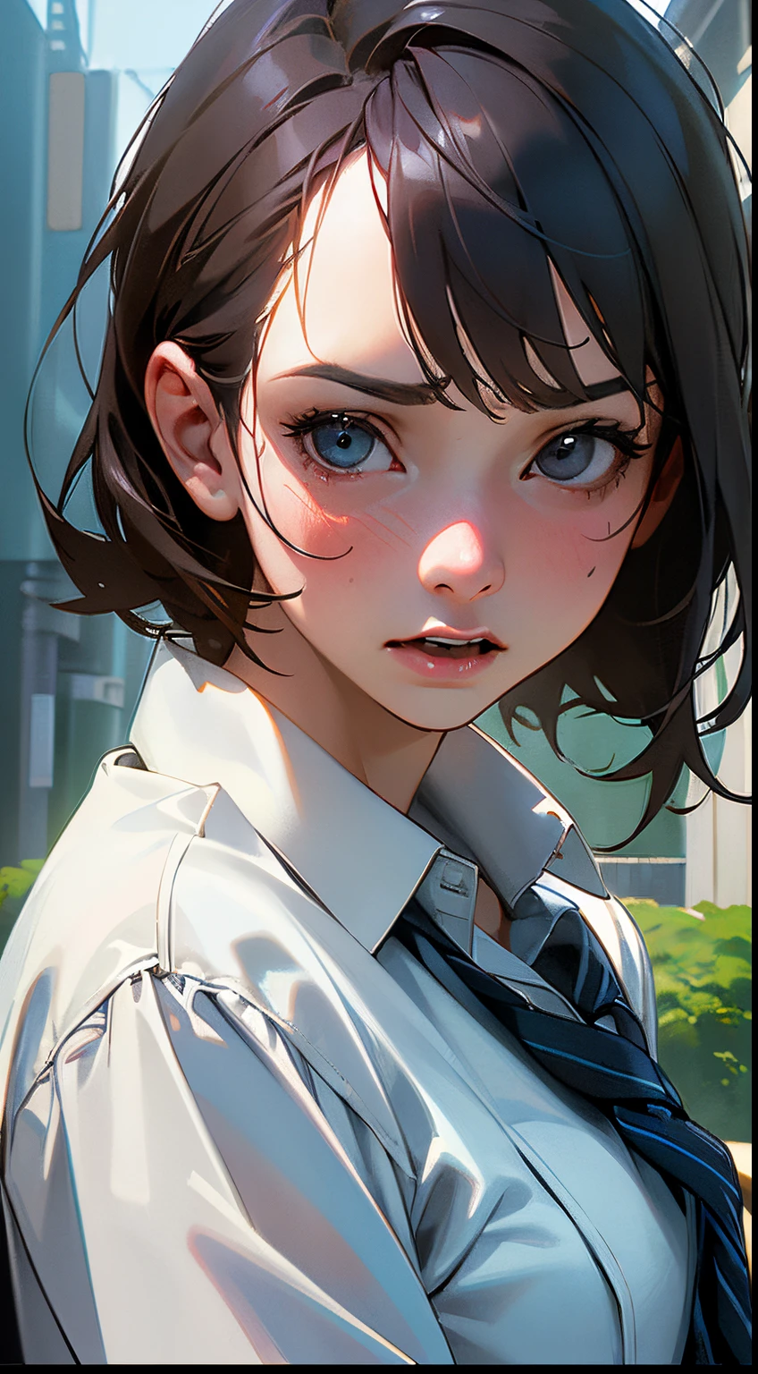 (((A realistic photo))), Portrait, (frightened face:1.3), handsome girl, looking a viewer, (school uniform:1.2), button-down shirt and trousers, (busty décolleté:1), On the street of Japan, (Environmental information:1.3), (RAW photo, CG Unity, photografic, ultra realistic details, sharp-focus, detailed skin,4k, hight resolution, Masterpiece, Best Quality, Realistic, Vibrants:1.2), (8K, 4k, UHD, High Resolution, Professional, Cinematic, Movie, dramatic), (anamorphic depth of field, background blur), Detailed background,