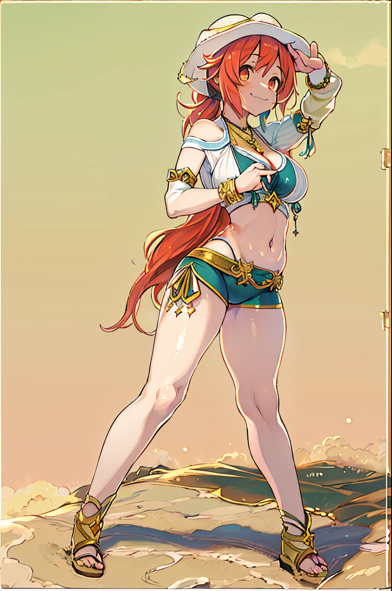 The shimmer of the sunset, two tone hair, red-yellow hair, Adult, naked body, Female genitals, naked ass, on water, Average Breasts, turquoise eyes, ssmile, Rescue tower, Rescue float, Beach, A bracelet