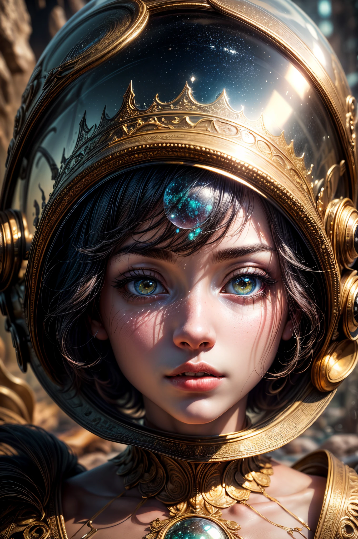 (best quality,4k,8k,highres,masterpiece:1.2),ultra-detailed,(realistic,photorealistic,photo-realistic:1.37),girl in surreal landscape,surrounded by shimmering bubbles,a futuristic car parked nearby,otherworldly atmosphere,fantasy setting,magical hues,enchanting scene,golden hour,},