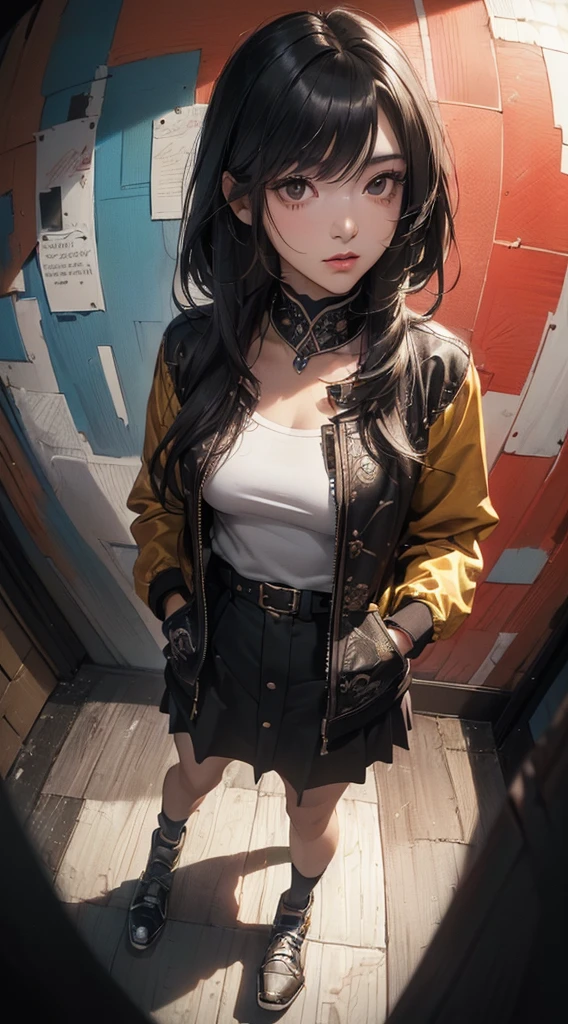 (((8k wallpaper of extremely detailed CG unit:1.2, masterpiece, hight resolution:1.2, top-quality:1.2, masutepiece))), ((a very beautiful woman, Hands in pockets:1.8, Grunge Fashion, Wearing a blouson, Wearing shoes)), ((extra detailed face, Highly detailed black eyes, extra detailed body, Top quality real texture skins)), (A dark-haired, length hair, de pele branca, Small:1.2), ((surrounded by colorful walls)), (high-angle:1.2, Fisheye:1.3), hyper realisitic, digitial painting,