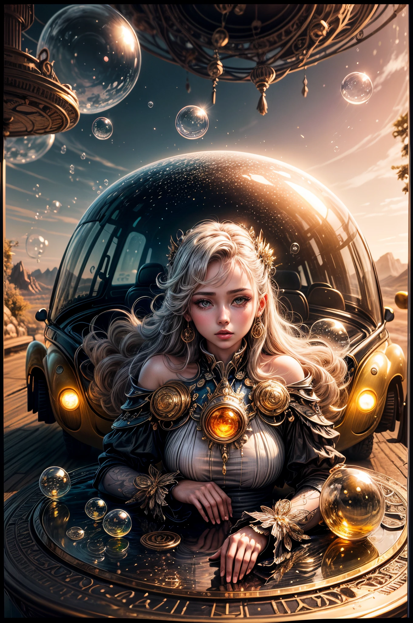"((Girl)) in a surreal landscape, surrounded by shimmering ((bubbles)), a futuristic ((car)) parked nearby, otherworldly atmosphere, fantasy setting, magical hues, enchanting scene, ((golden hour)).