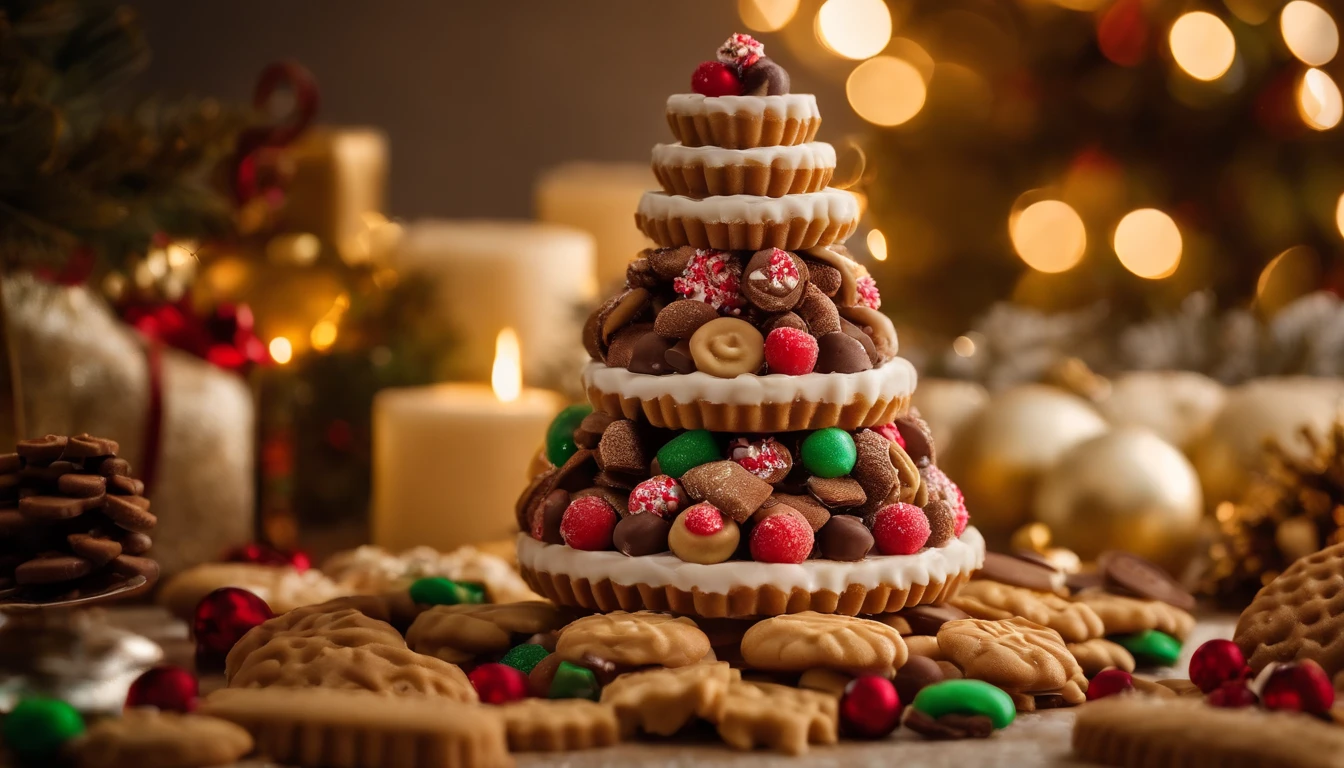 A close-up shot of a conceptual Christmas tree made of edible treats, with layers of stacked cookies, candies, and chocolates forming the shape of a tree, decorated with icing and sprinkles, creating a visually delicious and tempting holiday centerpiece