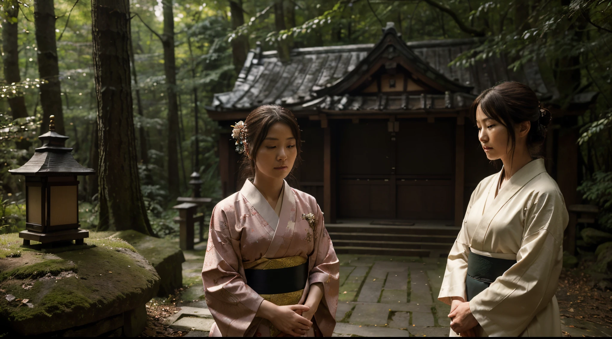In the woods, daytime, forest shrine, Japan, Japanese people are praying. A woman wearing a kimono is praying, old woman and young woman, man old man,young men are praying. Best Quality, high detailed, Best Quality, Masterpiece, small detailed, High Detail, many fine details, (realisitic,Photorealistic:1.37), (Best Quality,4k,8K,high resolucion,Masterpiece:1.2),Ultra-detailed, Cinematic lighting, UHD, Masterpiece, high detailed, High Quality, high resolucion, a photo of, Real Pictures, Actual Scene