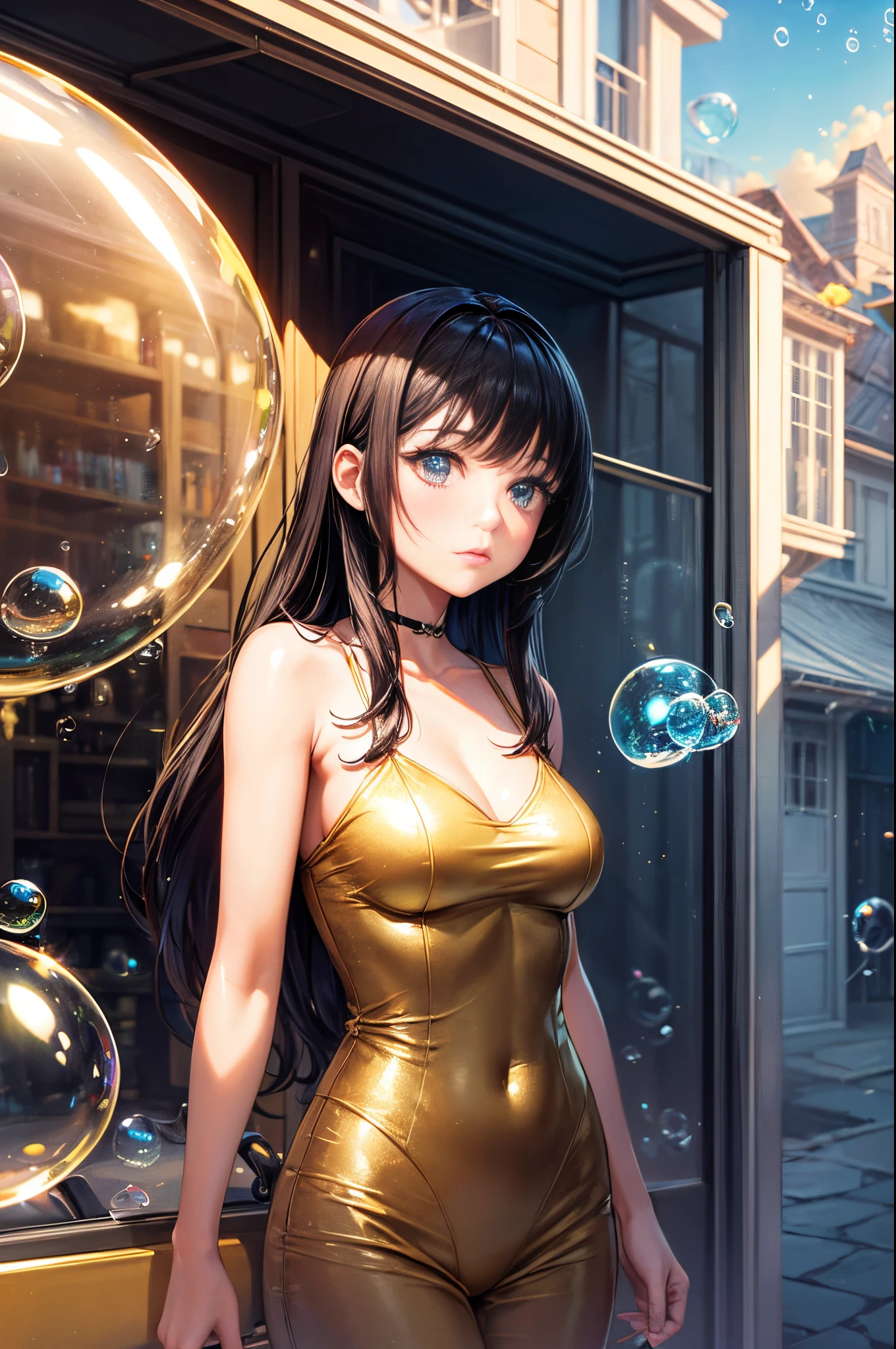 "((Girl)) in a surreal landscape, surrounded by shimmering ((bubbles)), a futuristic ((car)) parked nearby, otherworldly atmosphere, fantasy setting, magical hues, enchanting scene, ((golden hour)).
