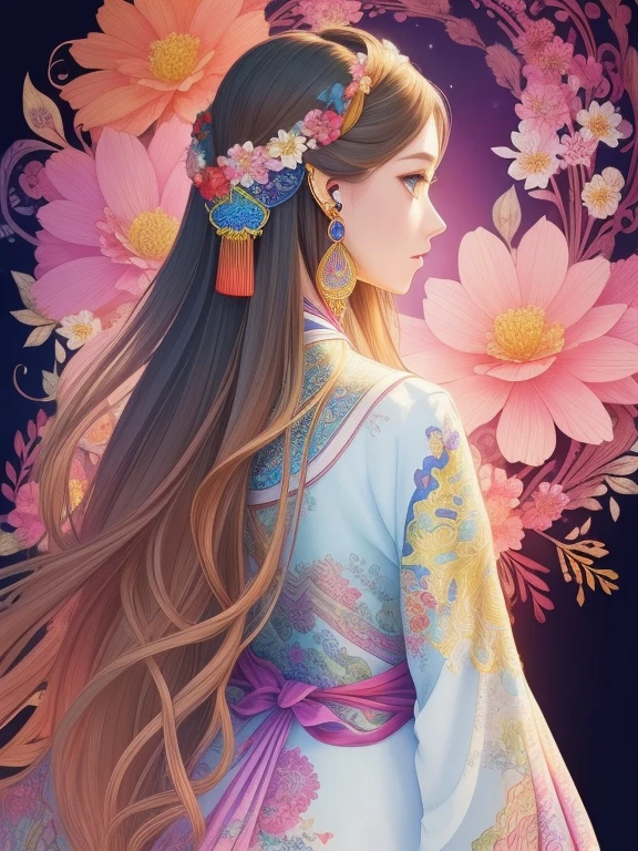 Watercolor painting of a long-haired woman in a princess dress with a wreath、doress、Female back view、photographed from the back、(masterpiece, top quality, best quality, official art, beautiful and aesthetic:1.2), (1girl:1.3), extremely detailed,(fractal art:1.1),(colorful:1.1)(flowers:1.3),highest detailed,(zentangle:1.2), (dynamic pose), (abstract background:1.3), (chinese Traditional cloth:1.2), (shiny skin), (many colors:1.4), ,(earrings:1.4),