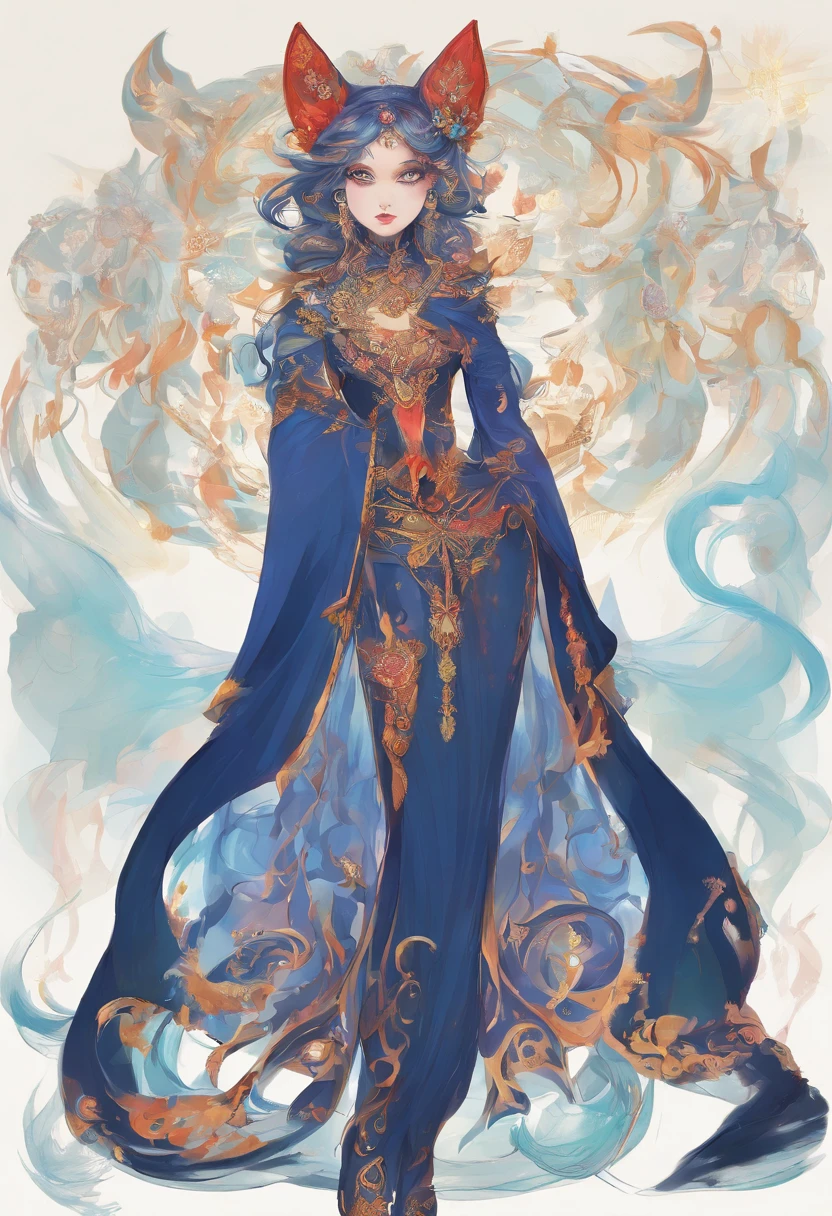 ((Game skin design concept map)),(girl fox),(Beautiful posture),(Sexy figure:1.1),(Wearing a red, gold and black horse-faced skirt),light fabrics,Blue-gray magic fire floats around,feminine expression
