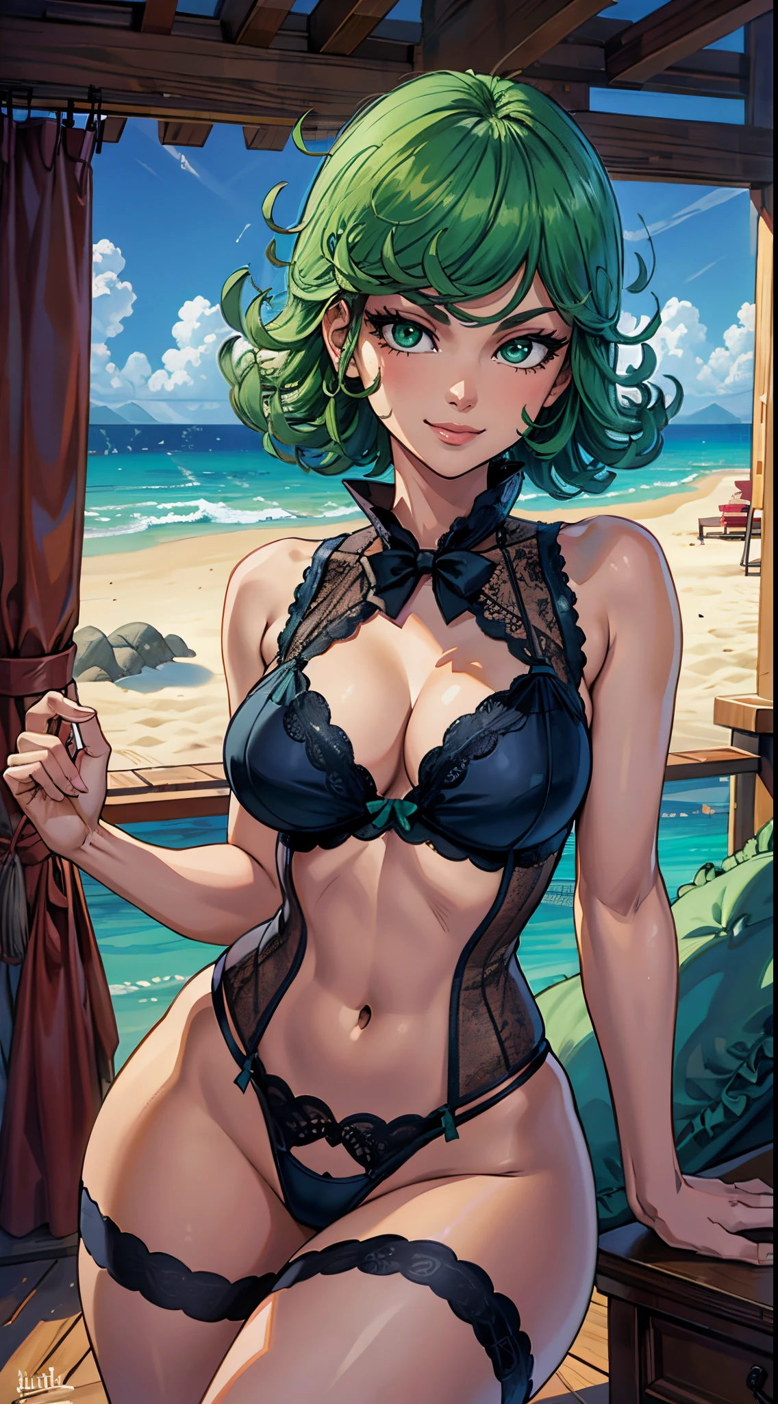 (best quality:1.3), tatsumaki by one punchman, ((detailed eyes)), smile, sexy, curvy body, (lingerie), (beach)