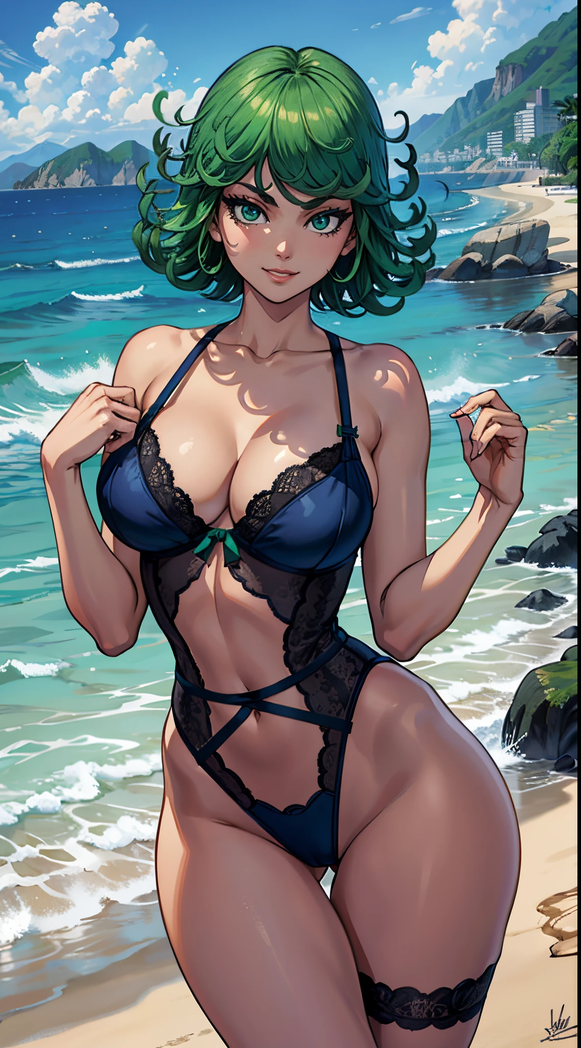 (best quality:1.3), tatsumaki by one punchman, ((detailed eyes)), smile, sexy, curvy body, (lingerie), (beach)