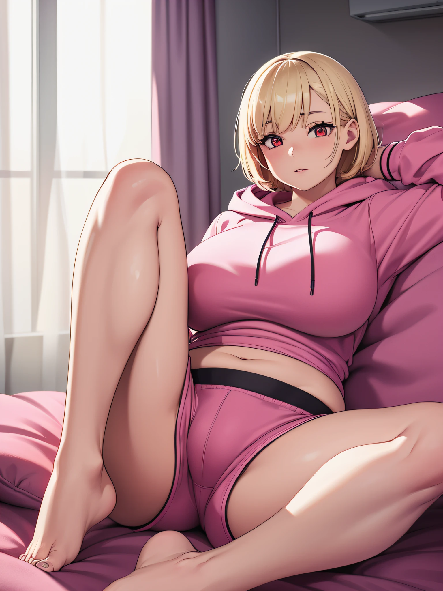 22 year old woman, slightly chubby, short blonde hair, red eyes, cute face. F cup breasts. Big ass, oversized hooded sweatshirt, booty shorts. Her favorite color is pink. she is sitting in bed, surrounded by pillows, pink room, solo:1.5, 1 woman:1.5, legs spread, perfect lighting, perfect anatomy:1.2, 8k, hdr, Octane Render, masterpiece
