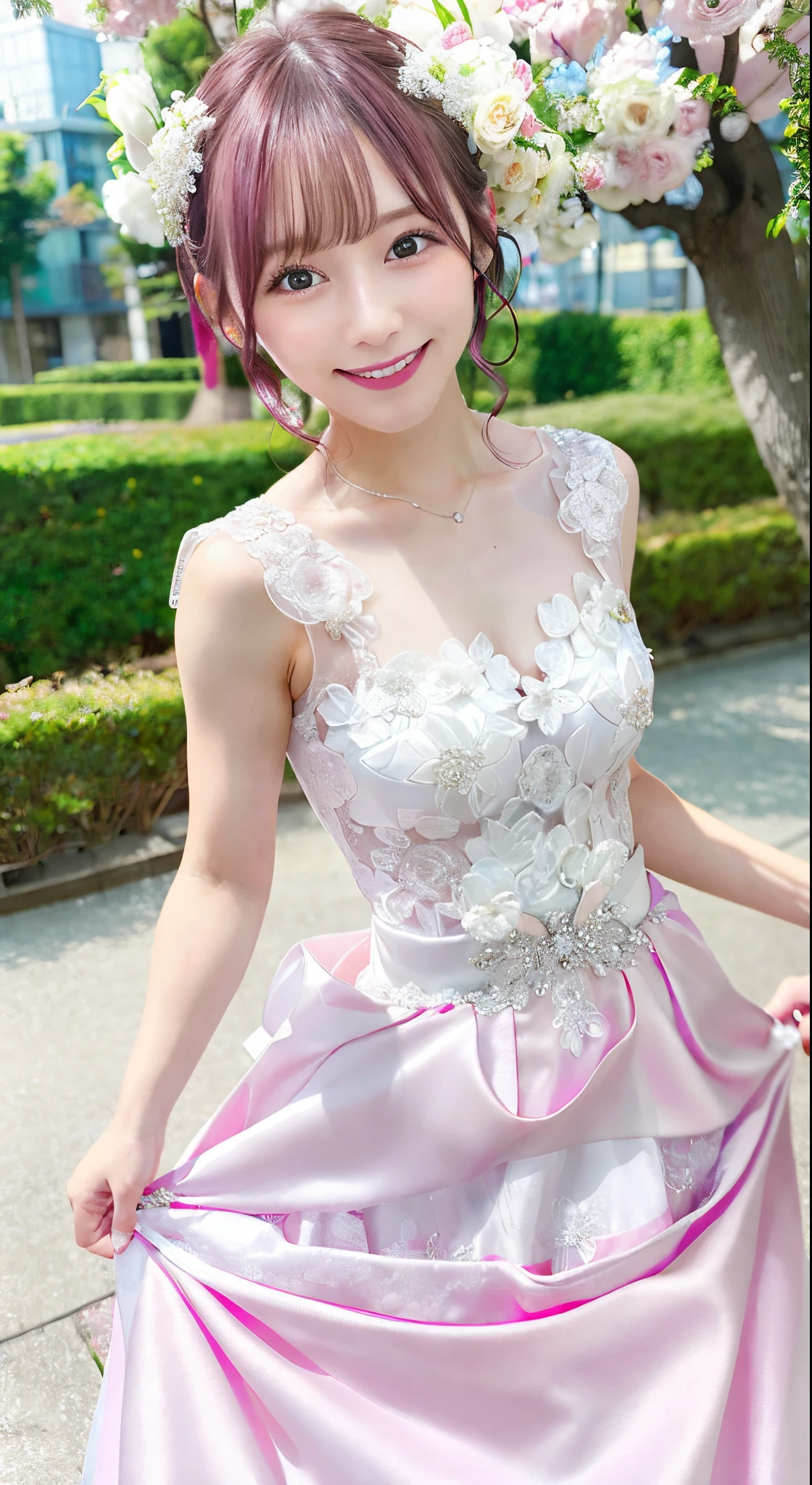 Nakano ichika, Pink hair, Short hair、wedding dress,wedding dress、look at viewr,A smile