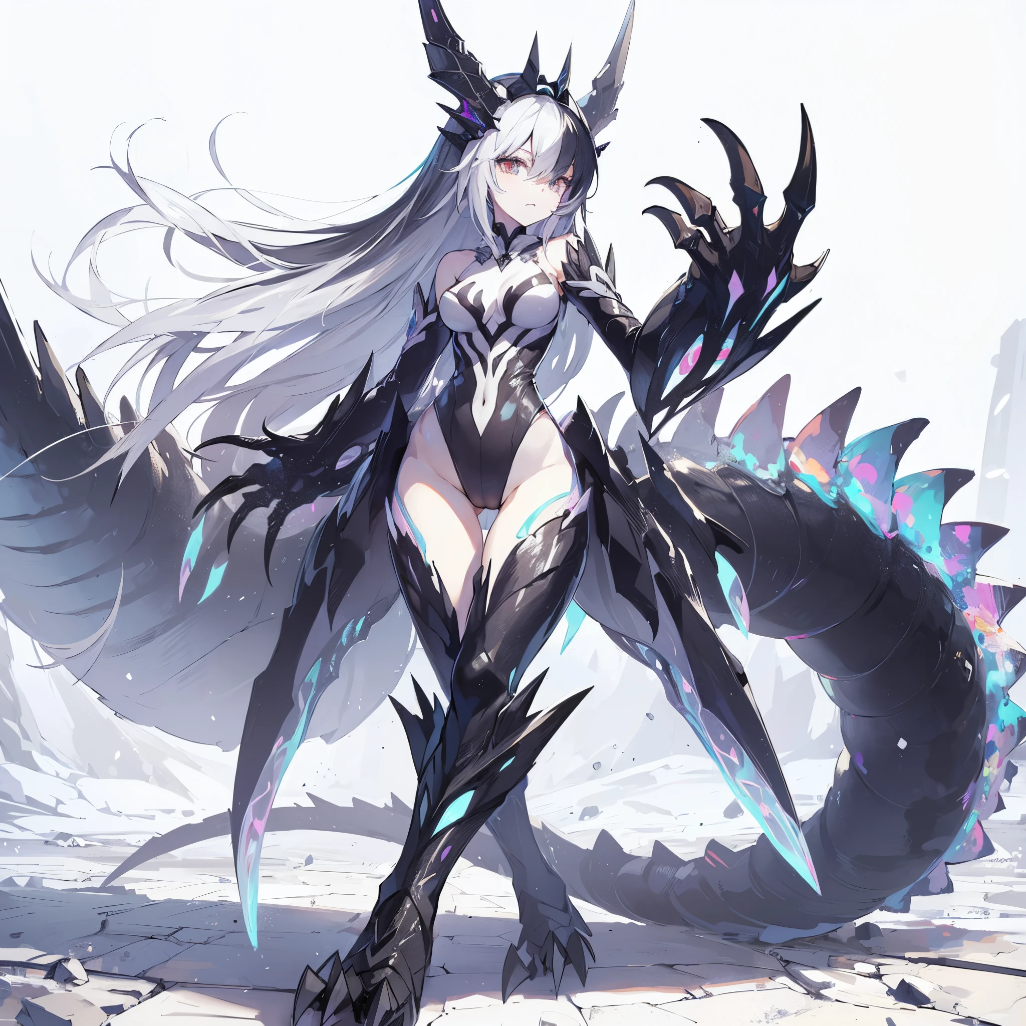 (Masterpiece, Top Quality), (Perfect Athlete Body: 1. 2), (Fine Hair), Ultra Detail, Anime Style, Full Body, Solo, cute girl dressed as a kaiju costume, black and white hair, black and blue High Leg Leotard, prism-emitting dorsal fin, Sharp claws on large arms, wearing long boots, thick and strong tail, pale and luminous breath, digital painting, 8k high resolution, trending art station, white background, whole body, standing in wasteland, Intimidating