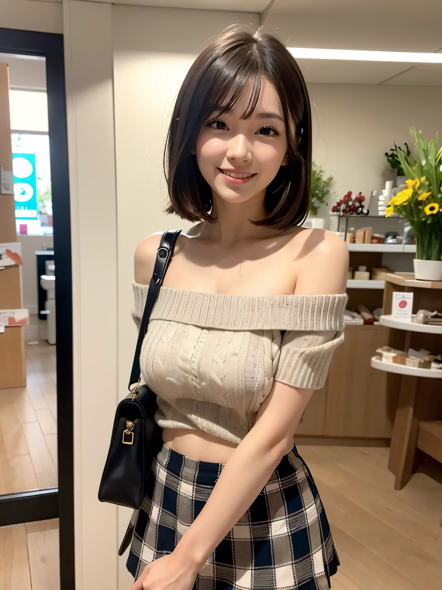 ((masterpiece)), ((best quality)), (ultra-detailed), ((extremely detailed)), 4K, (8K), best quality, (beautiful), realistic, real, cowboy shot,dynamic angle0, front view ,a Japanese young pretty girl , A florist, daytime, the season is autumn, standing in front of a store with a big smile on his face, glamorous figure ,long bob hair ,1girl, solo, (Off-the-shoulder sweater), (checked mini skirt), (boots), (shoulder bag),((beautiful eyes)), large breast, a big smile, hyper cute face, glossy lips, double eyelids for both eyes, long eyelashes ,natural makeup, shiny smooth light brown hair of long bob hair, asymmetrical bangs, high resolution, high detail, detailed hairstyle, detailed face, cinematic lighting, octane rendering, hyper realistic, perfect limbs, perfect anatomy