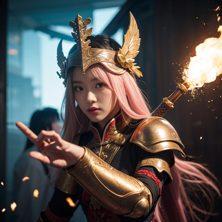 Ancient Chinese wars,Female general,Chinese woman,Fairy in armor looks mature and sexy,Headband helmet bleached pink hair,Charming eyes and good figure,Ancient scenes,heroic look,Sword in hand,Sexy and attractive figure is very detailed, the ultra-detailed, iintricate), (lens flare glow:0.7), (full bloom:0.7), particle effect, Ray traching, 电影灯光, shallowdepthoffield, Shot with Sony a9 II, 50mm wide angle lens, Focus sharp,